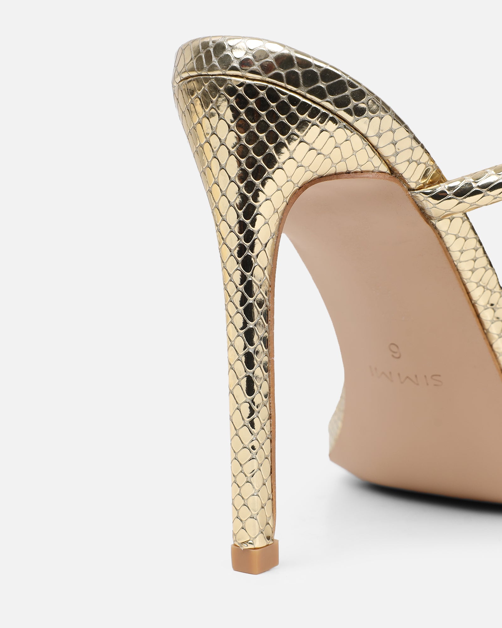 Zuleta Gold Snake Effect Stiletto Heeled Mules | SIMMI London