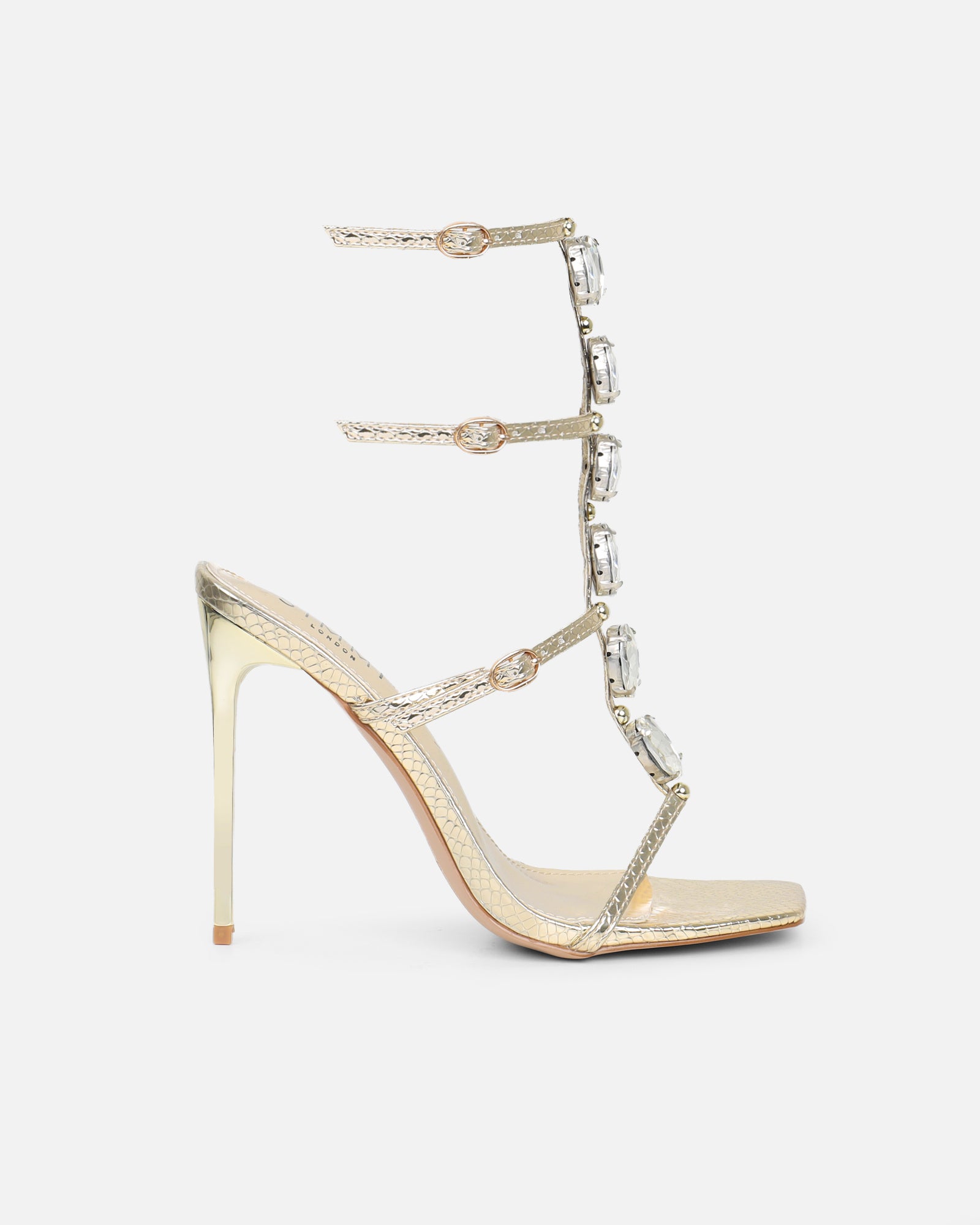 Leamy Gold Mirror Jeweled Heeled Sandals | SIMMI London