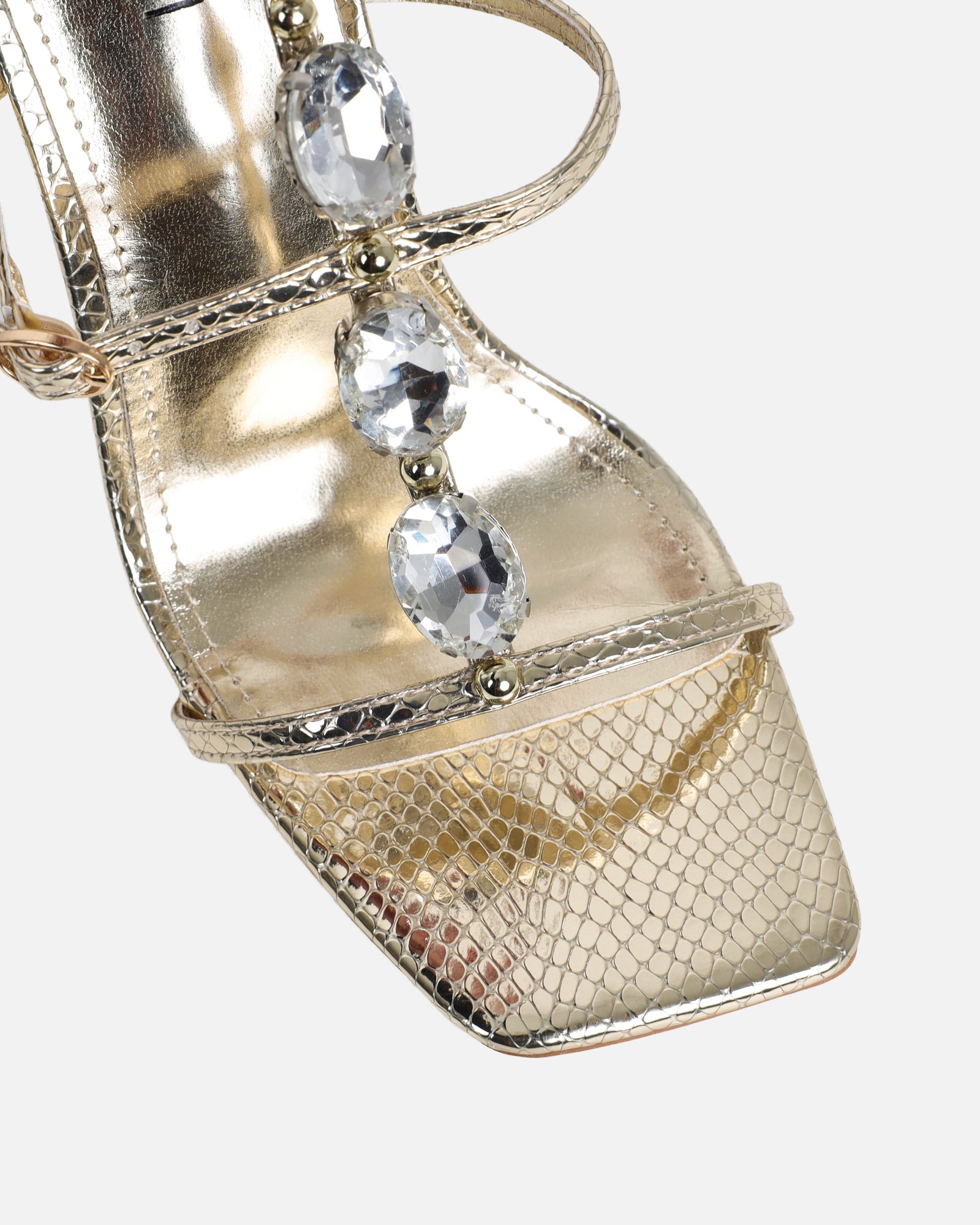Leamy Gold Mirror Jeweled Heeled Sandals | SIMMI London