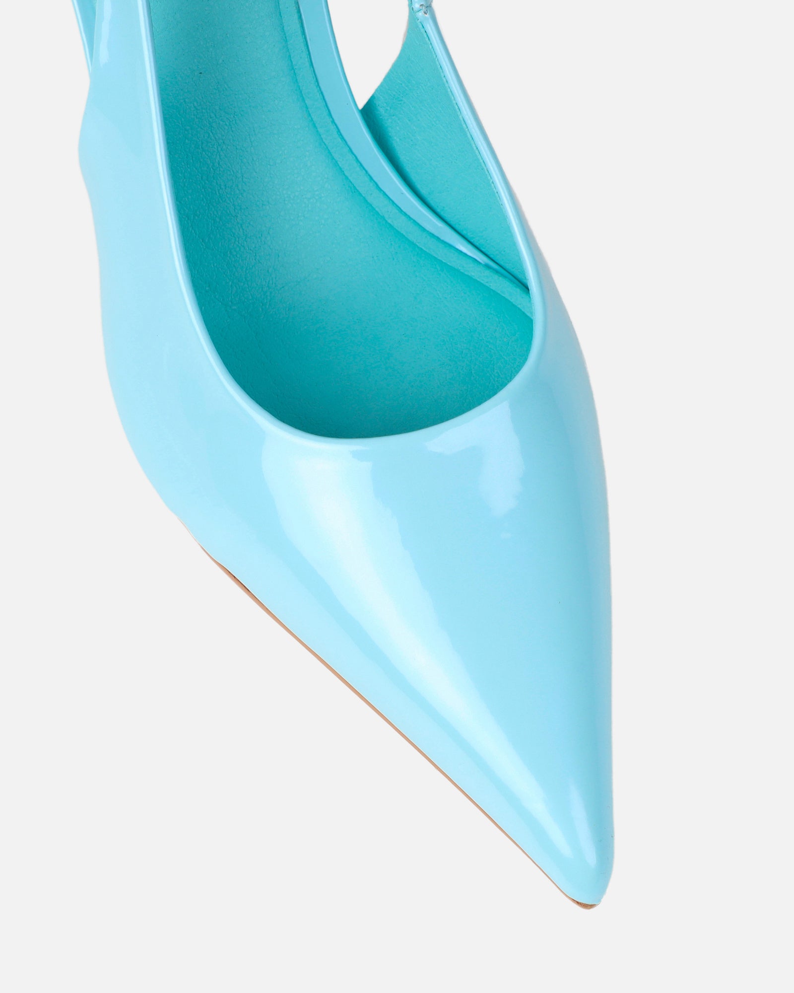 Liorra Blue Patent Sling Back Mid Heeled Shoes | SIMMI London