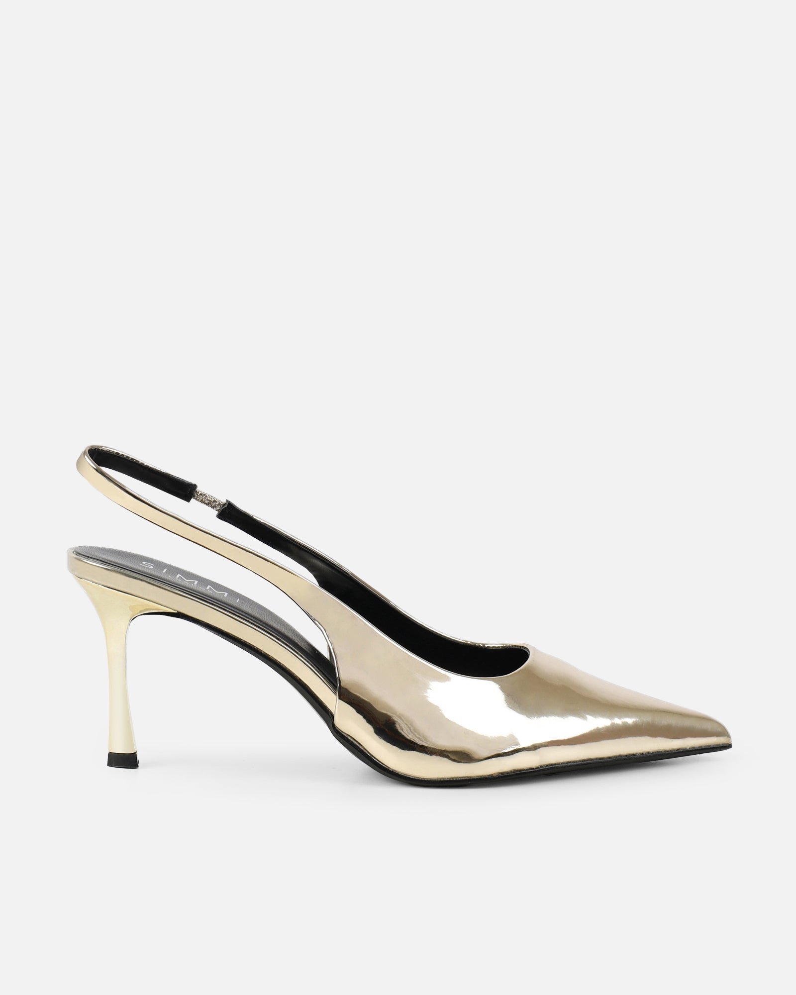 Liorra Gold Mirror Sling Back Mid Heeled Shoes | SIMMI London