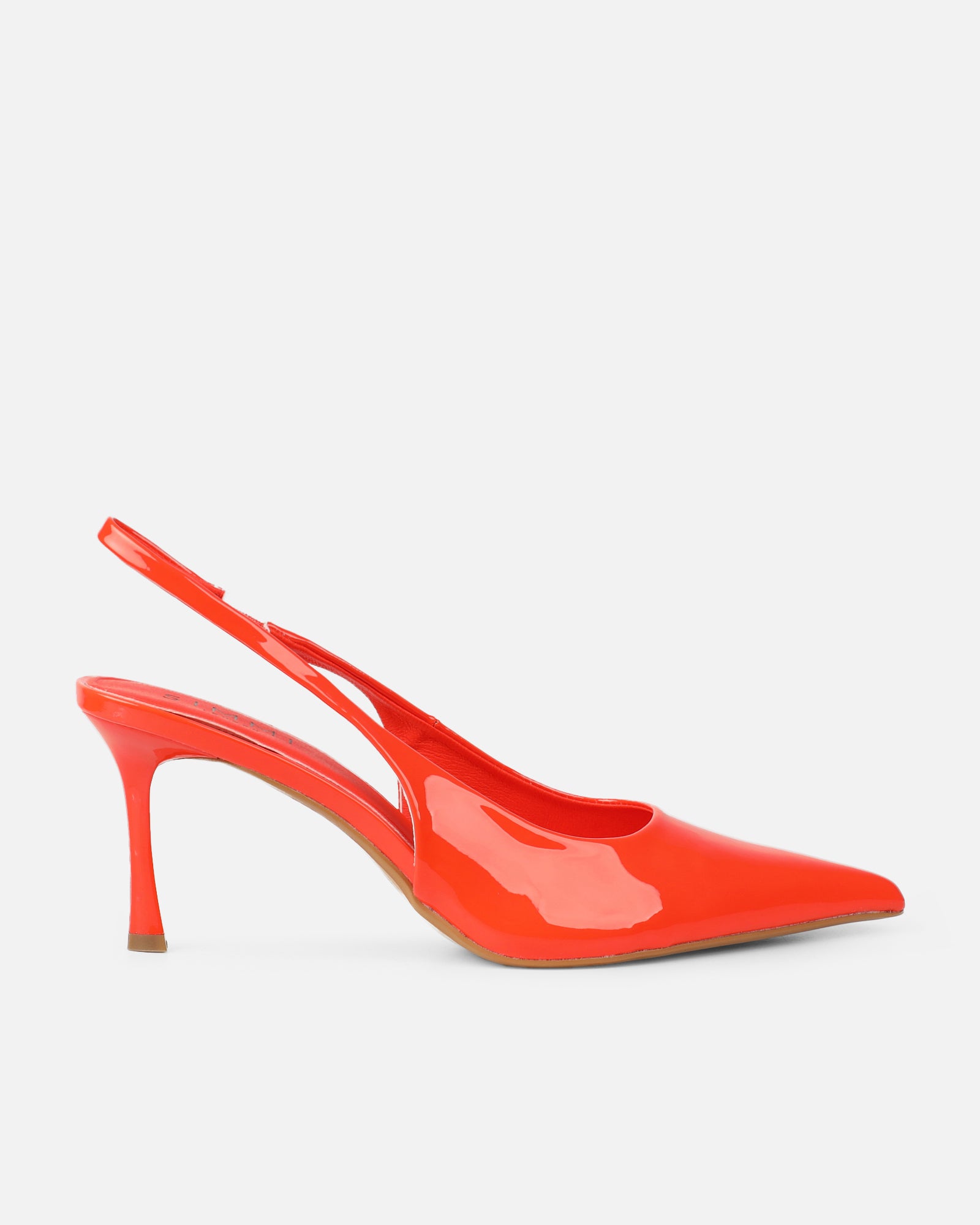 Liorra Orange Patent Sling Back Mid Heeled Shoes | SIMMI London
