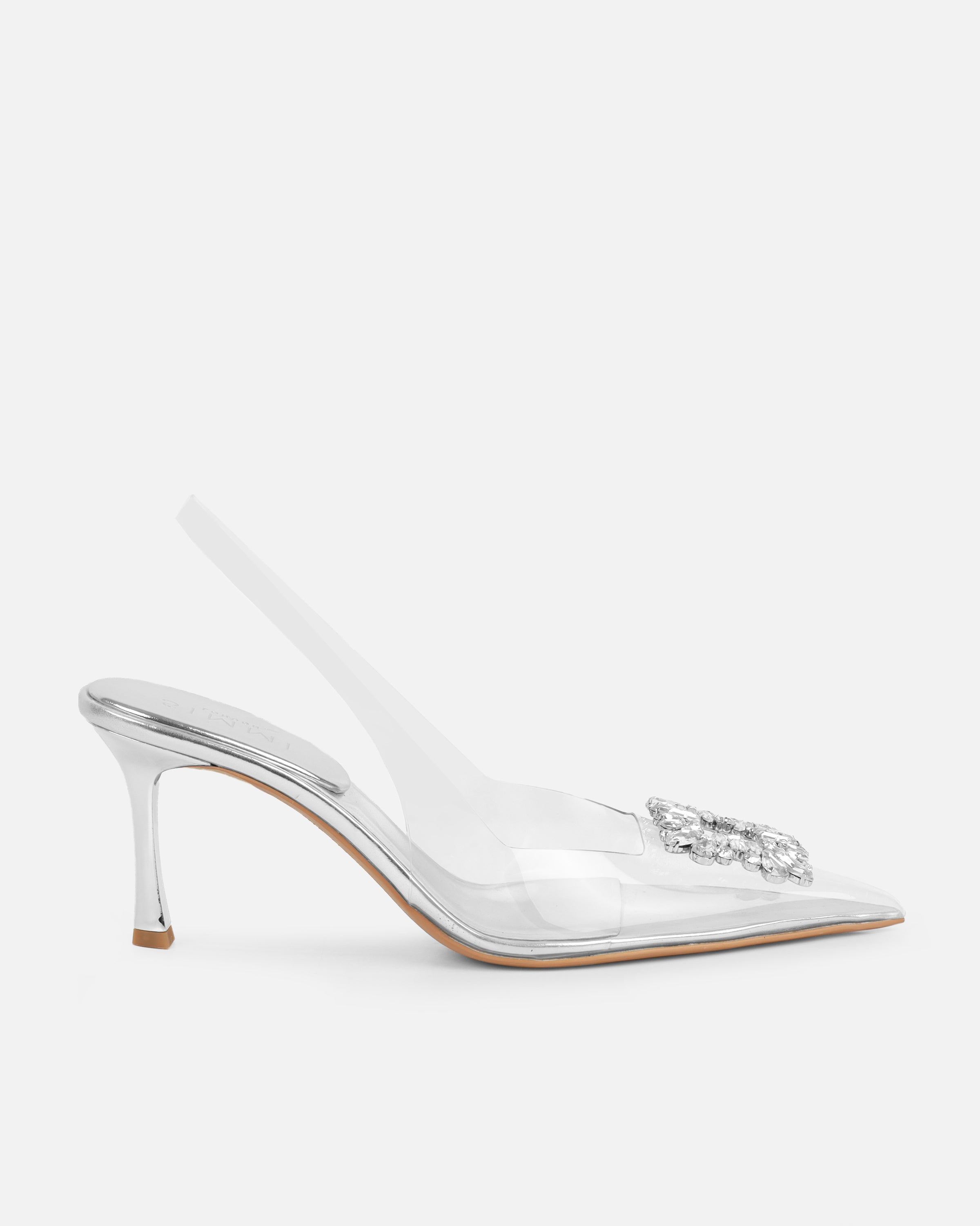 Laylin clear silver mirror diamante sling back court shoes | SIMMI London