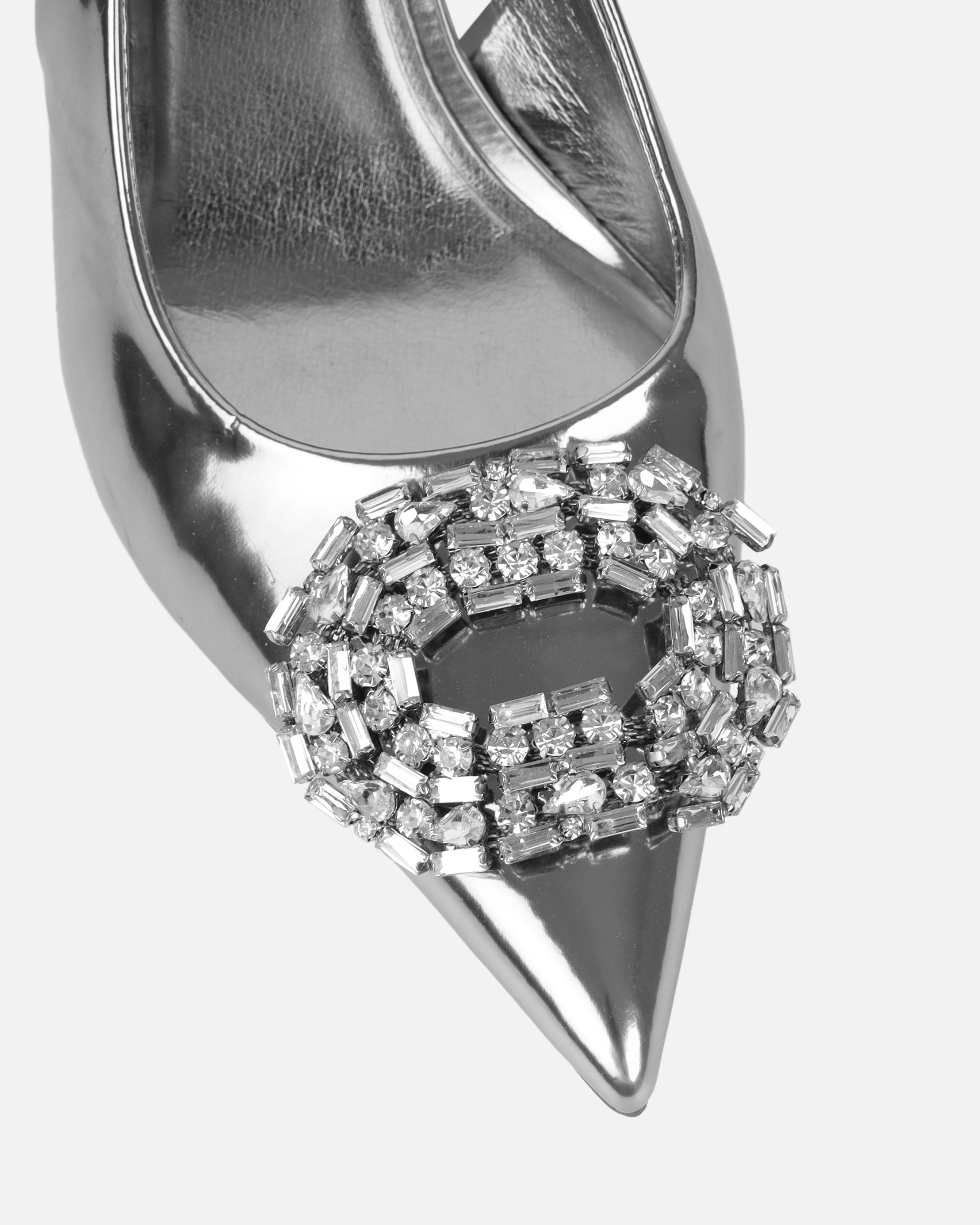 Lilliani Silver Mirror Diamante Trim Sling Back Court Shoes | SIMMI London