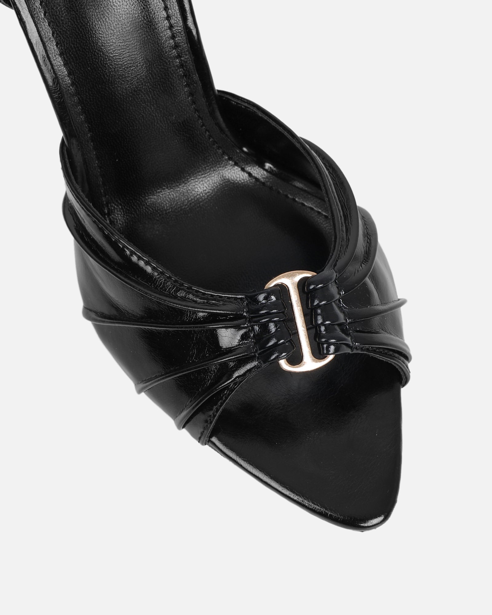 Leany Black Shine Gold Detail Heeled Sandals | SIMMI London