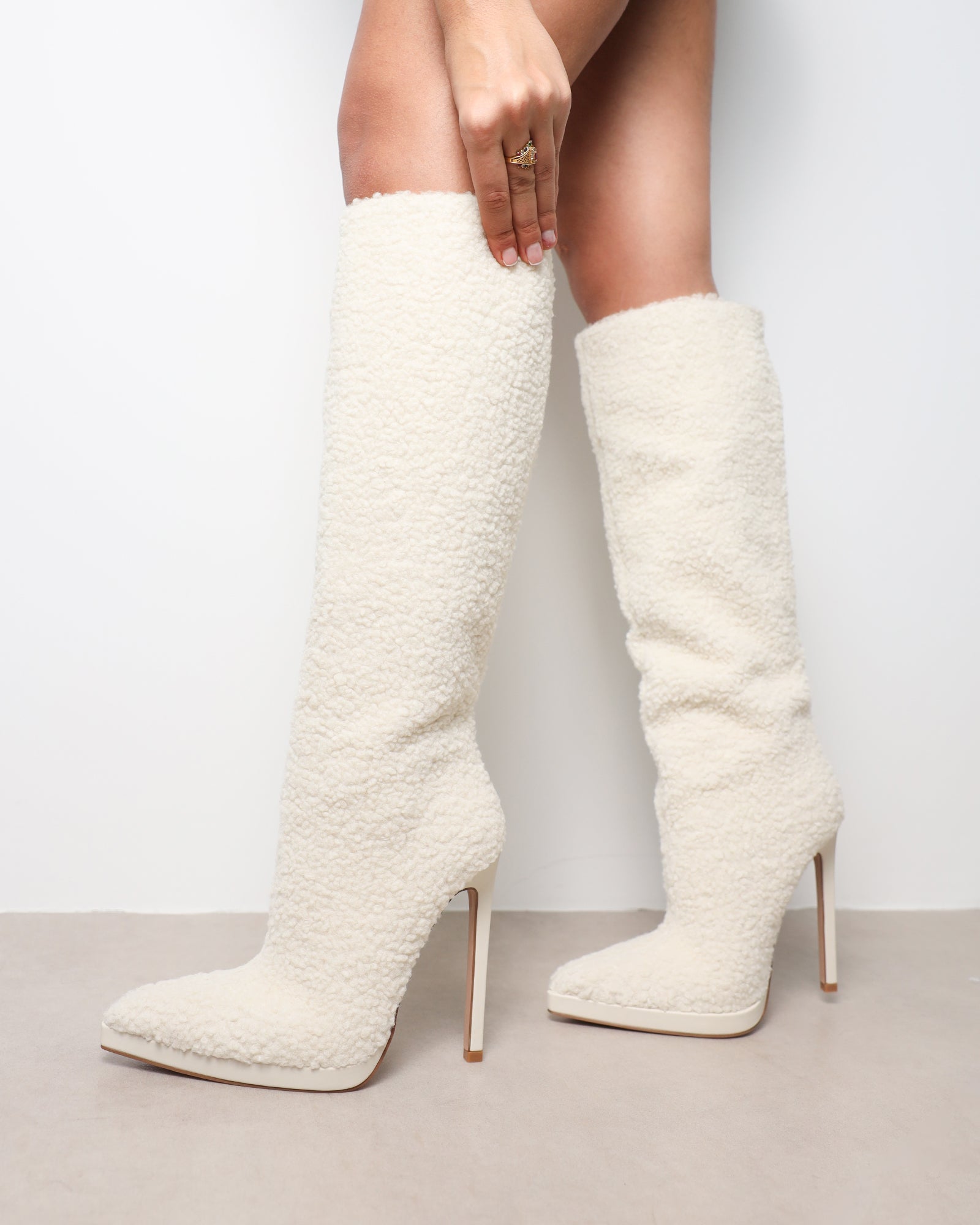 Hamilton Cream Borg Knee Boots | SIMMI London