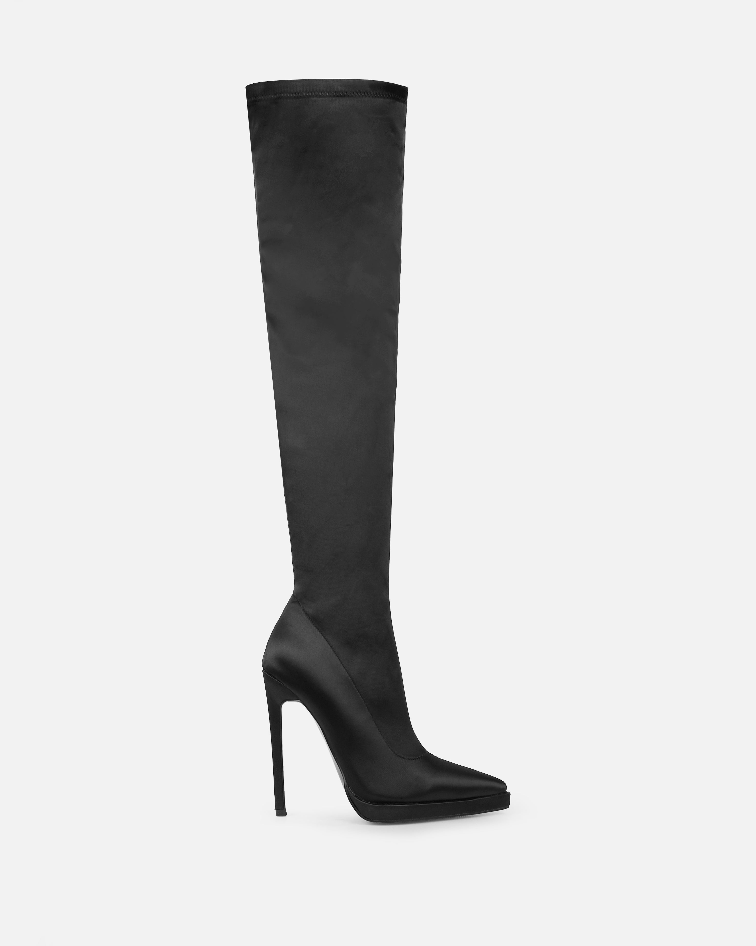 Lewie Black Stretch Satin Thigh High Stiletto Boots | SIMMI London