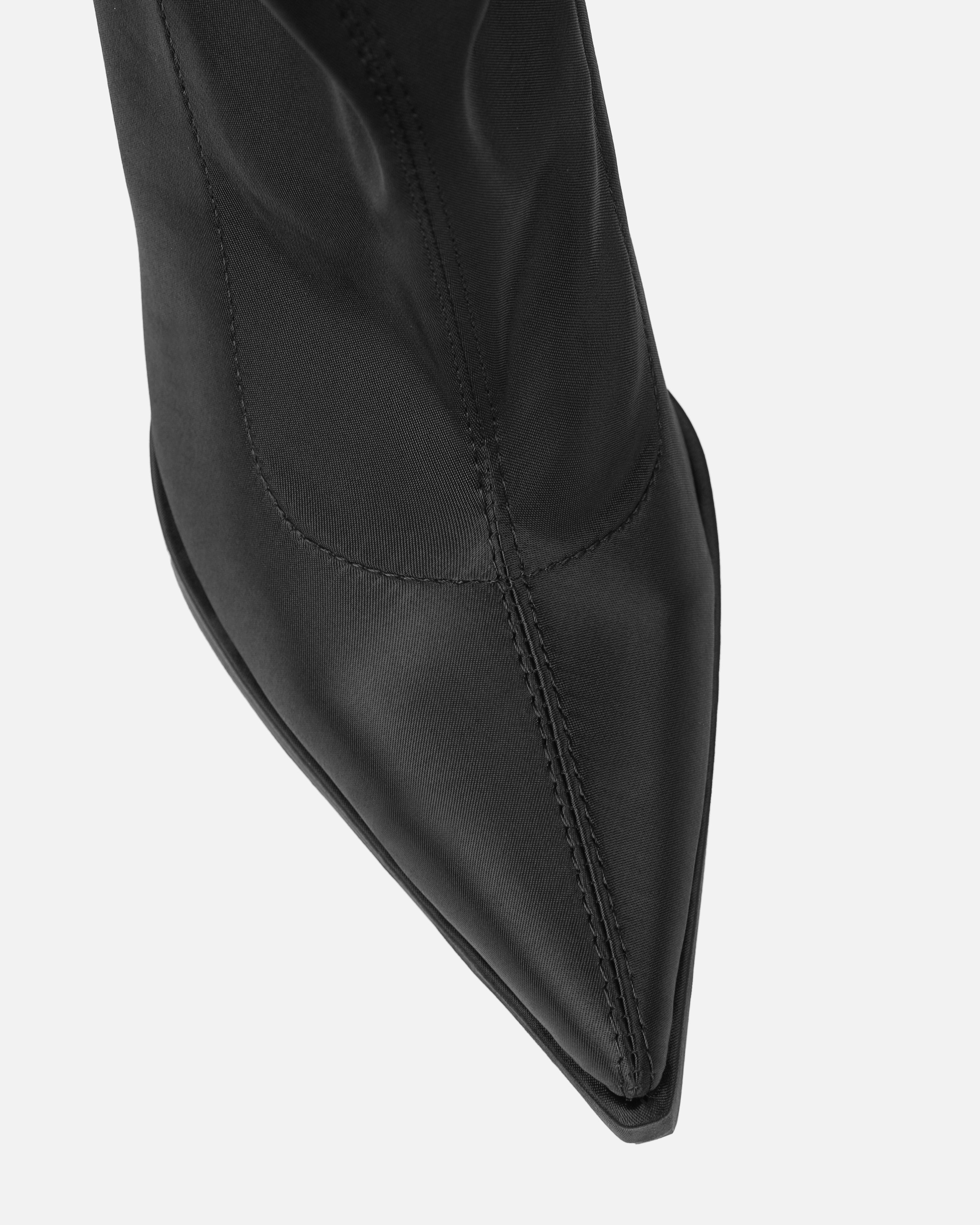 Lewie Black Stretch Satin Thigh High Stiletto Boots | SIMMI London