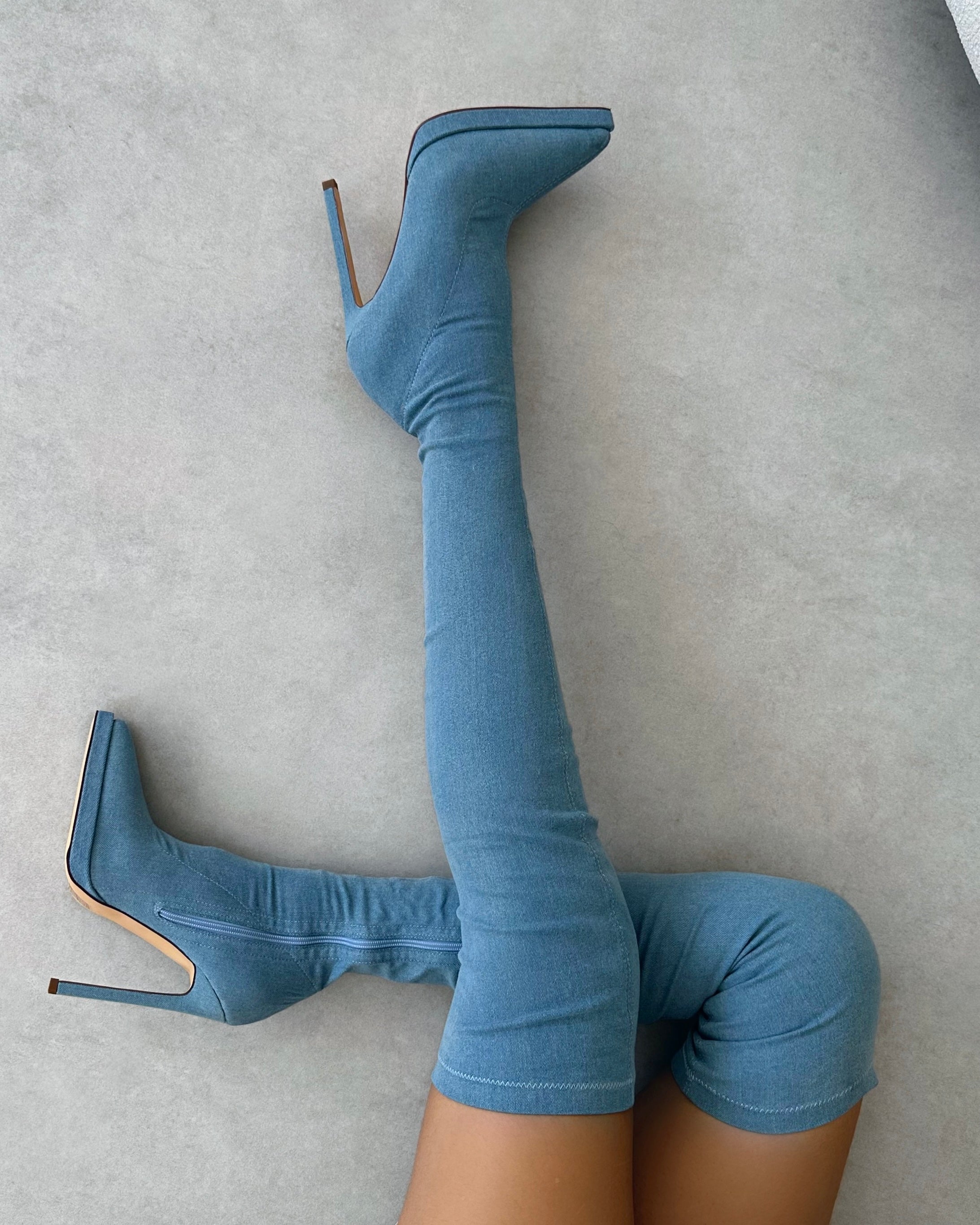 Lewie Blue Denim Stretch Pointed Toe Thigh High Stiletto Boots  | SIMMI London