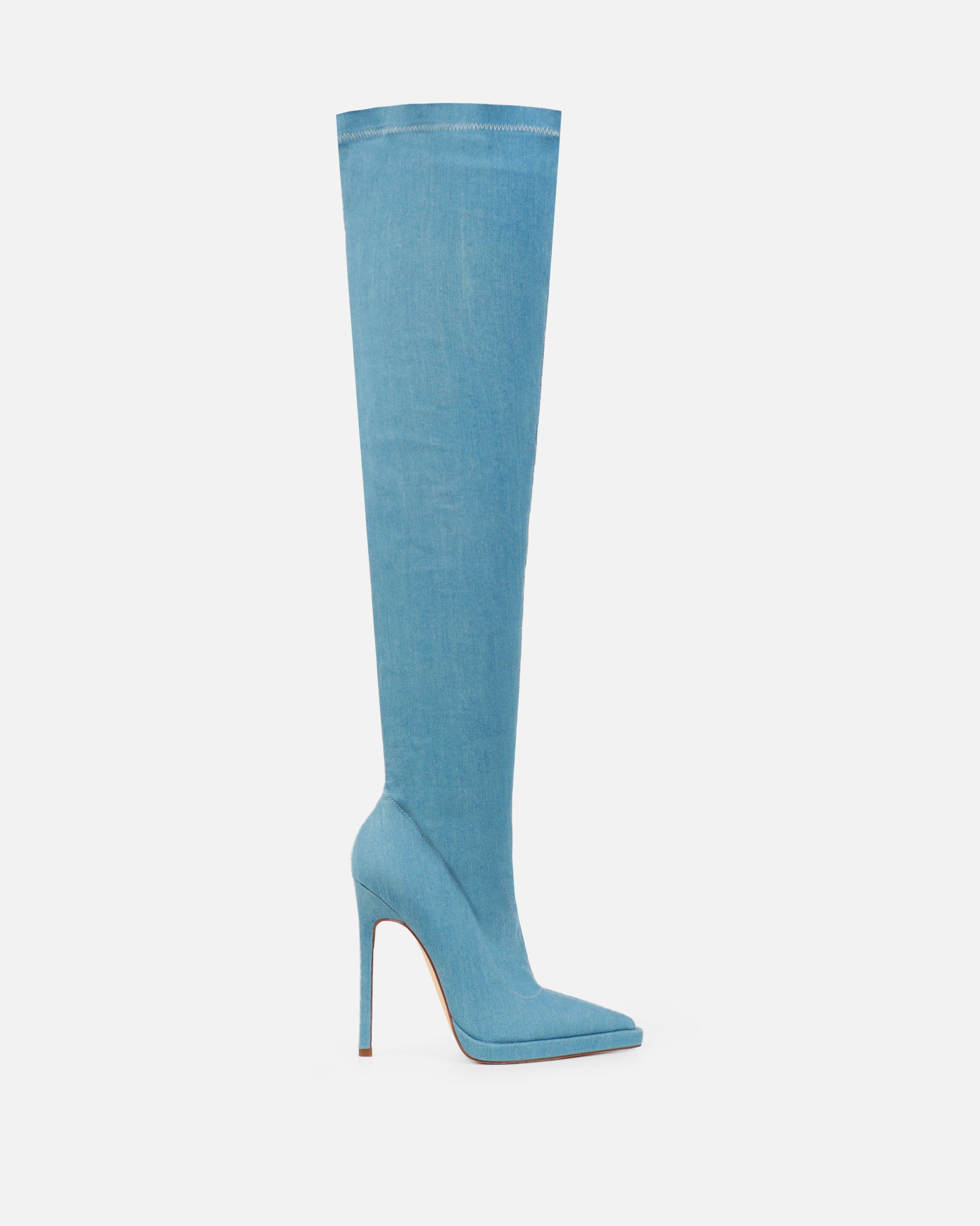 Lewie Blue Denim Stretch Pointed Toe Thigh High Stiletto Boots  | SIMMI London