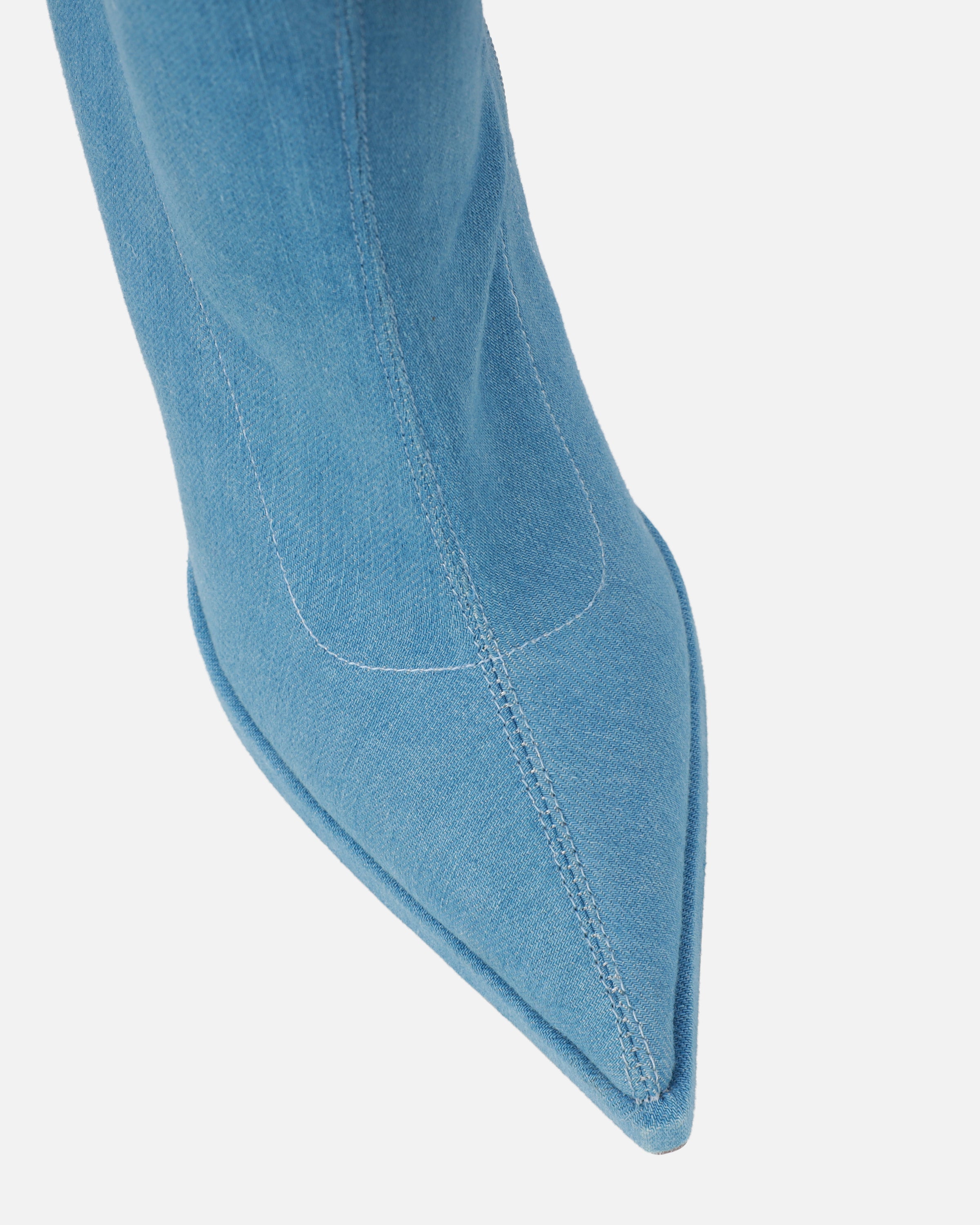 Lewie Blue Denim Stretch Pointed Toe Thigh High Stiletto Boots  | SIMMI London