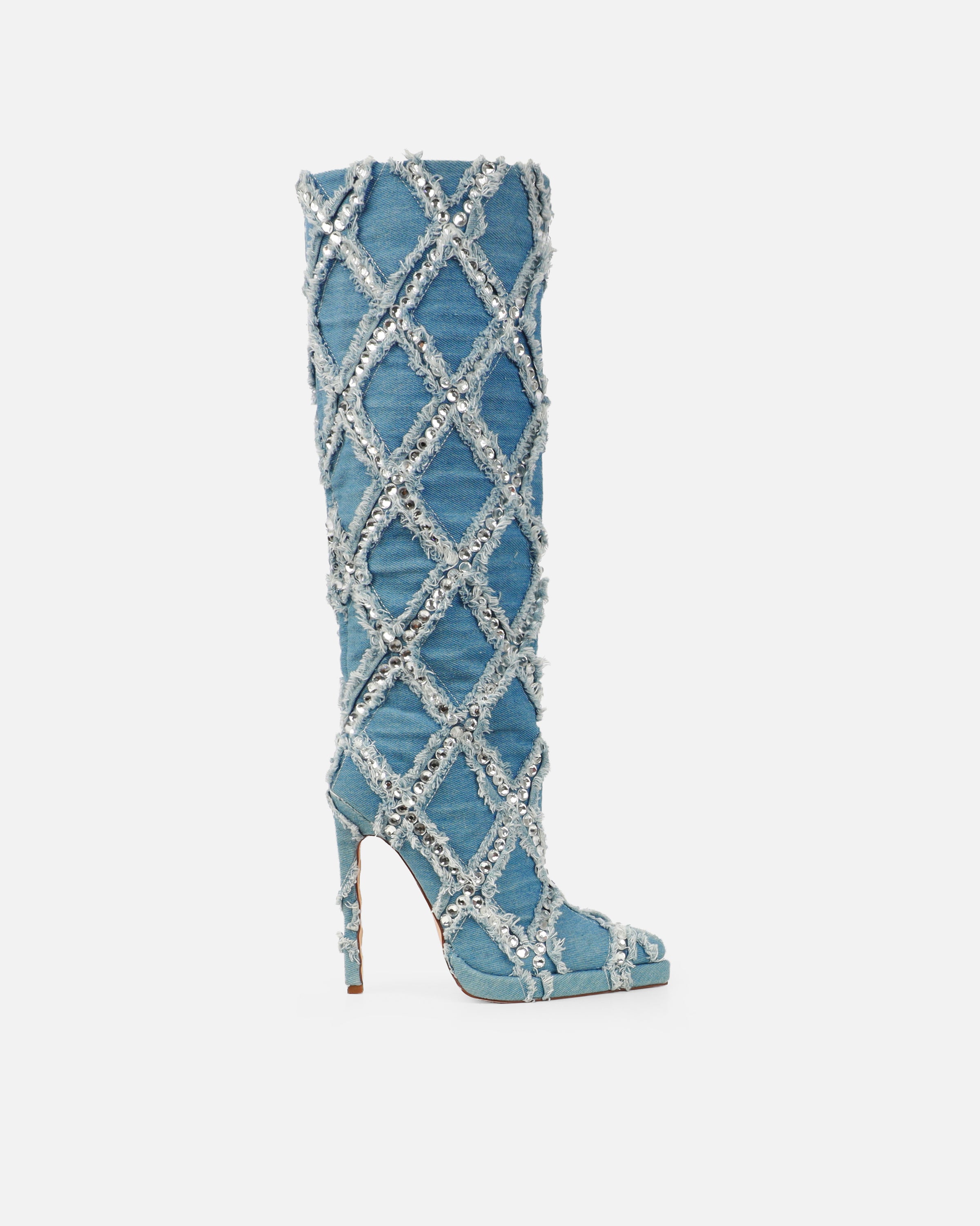 Bobby Denim Blue Diamante Knee High Boots | SIMMI London
