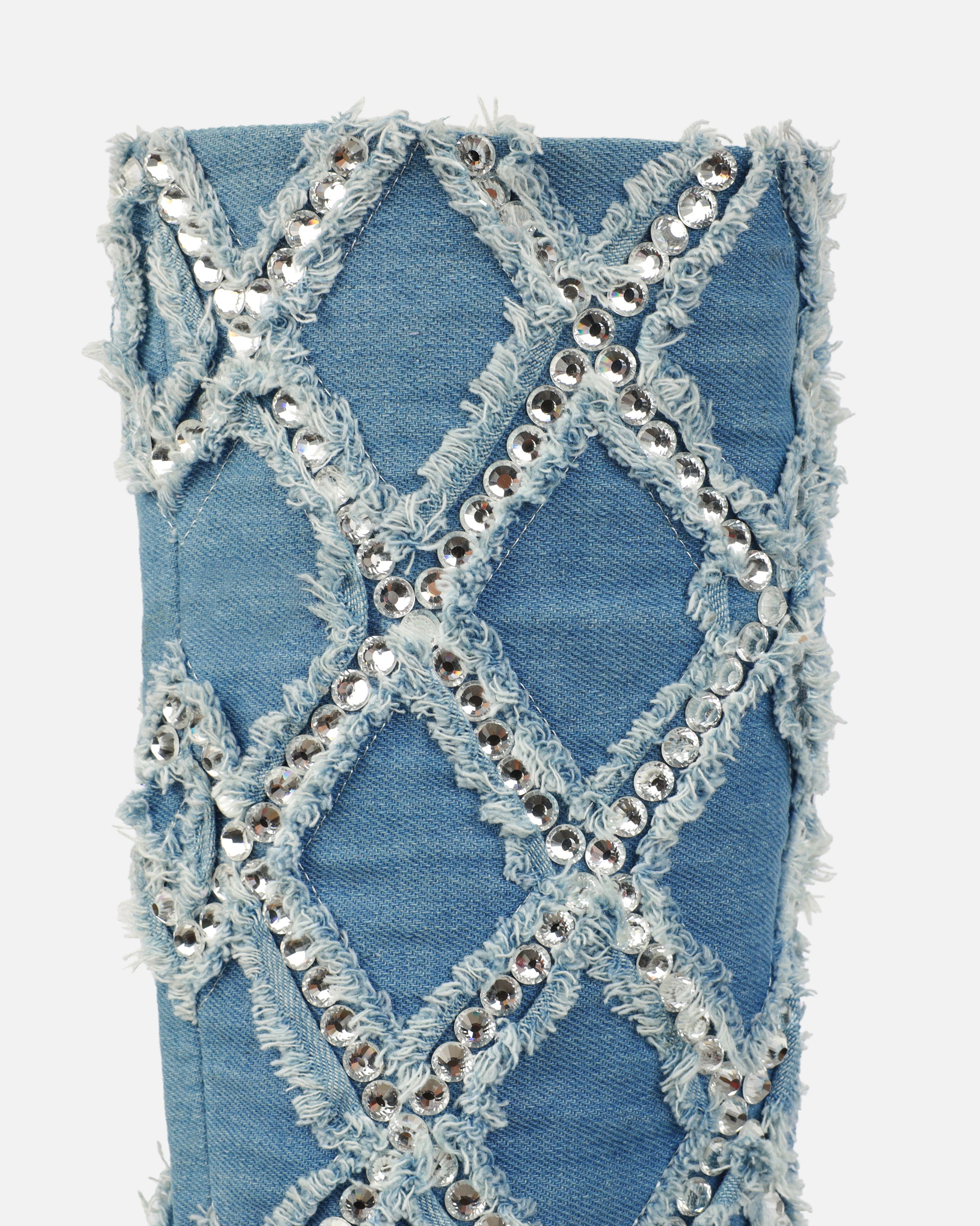 Bobby Denim Blue Diamante Knee High Boots | SIMMI London