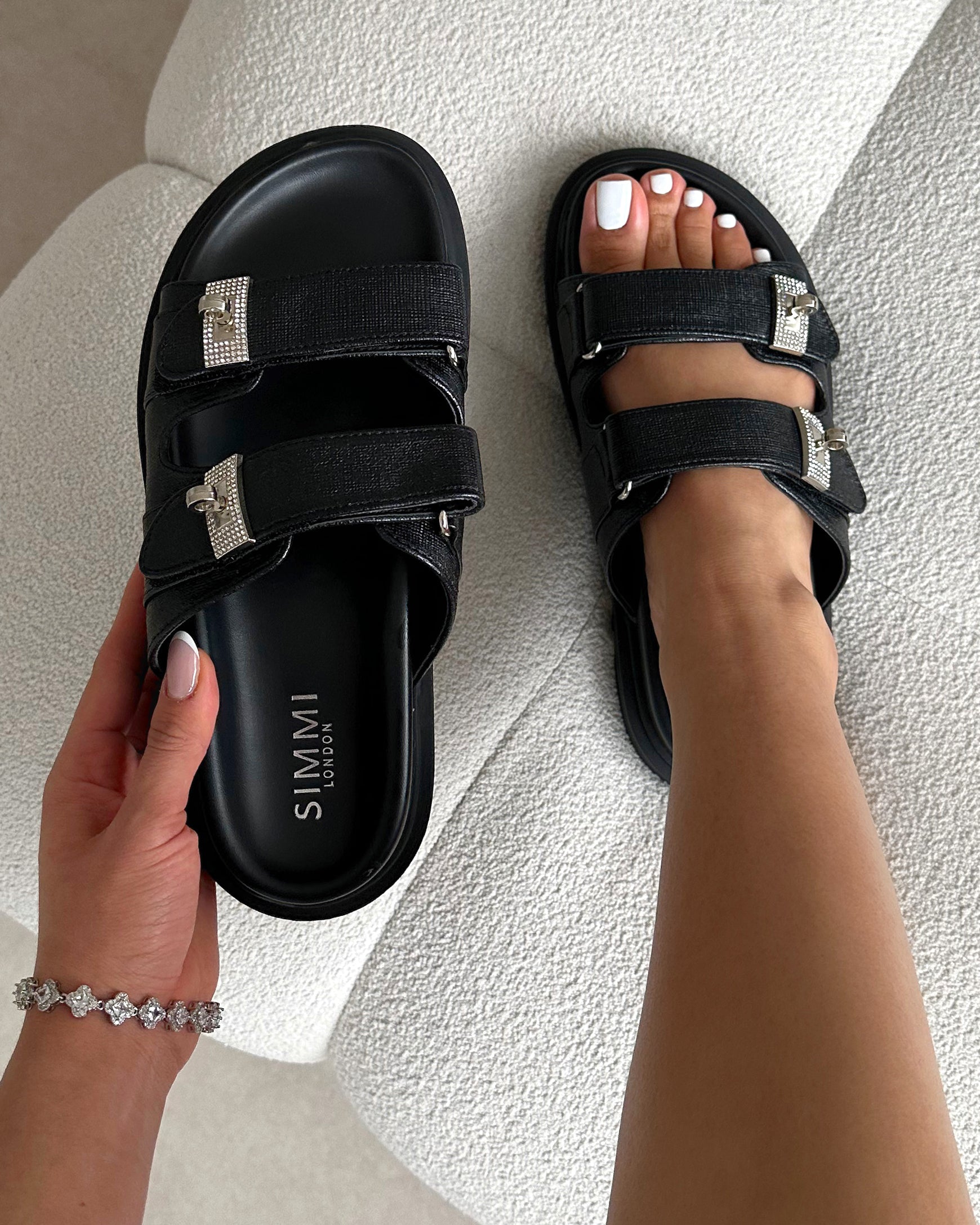 Liaa Black Diamante Buckle Textured Slider Sandals | SIMMI London