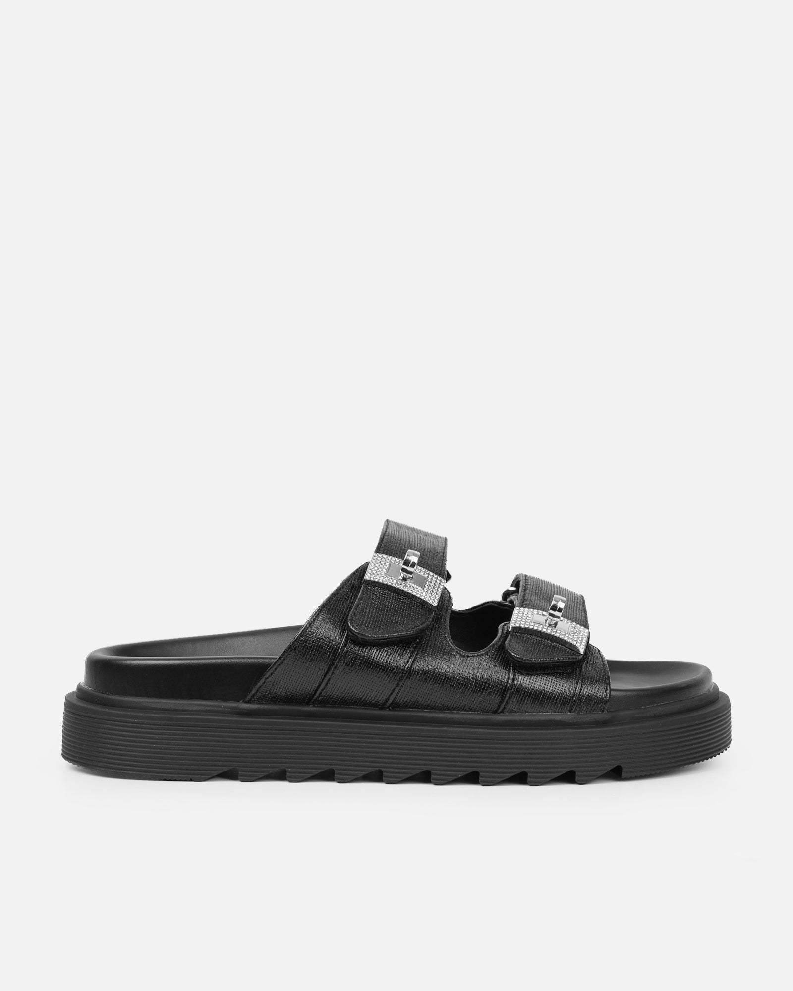 Liaa Black Diamante Buckle Textured Slider Sandals | SIMMI London
