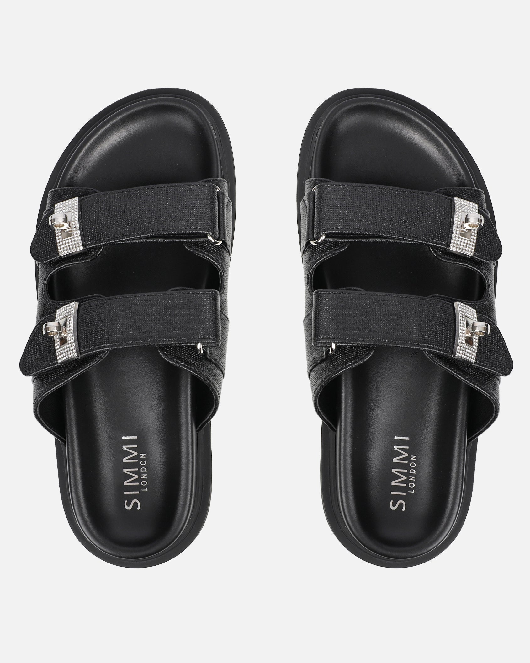 Liaa Black Diamante Buckle Textured Slider Sandals | SIMMI London