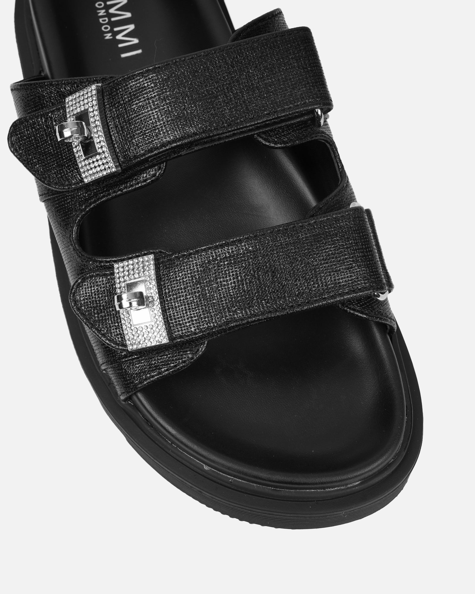 Liaa Black Diamante Buckle Textured Slider Sandals | SIMMI London