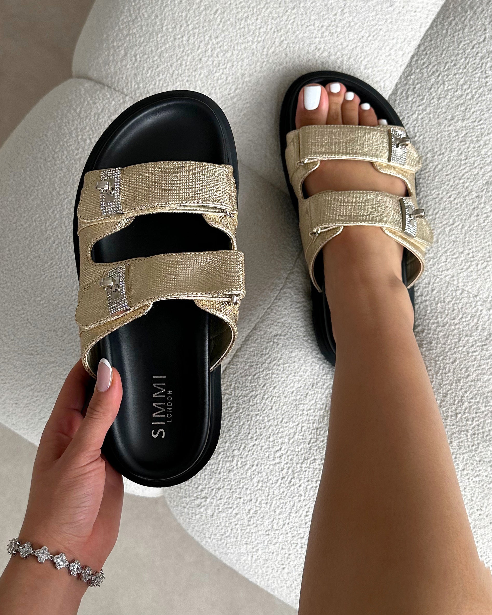 Liaa Gold Diamante Buckle Textured Slider Sandals | SIMMI London