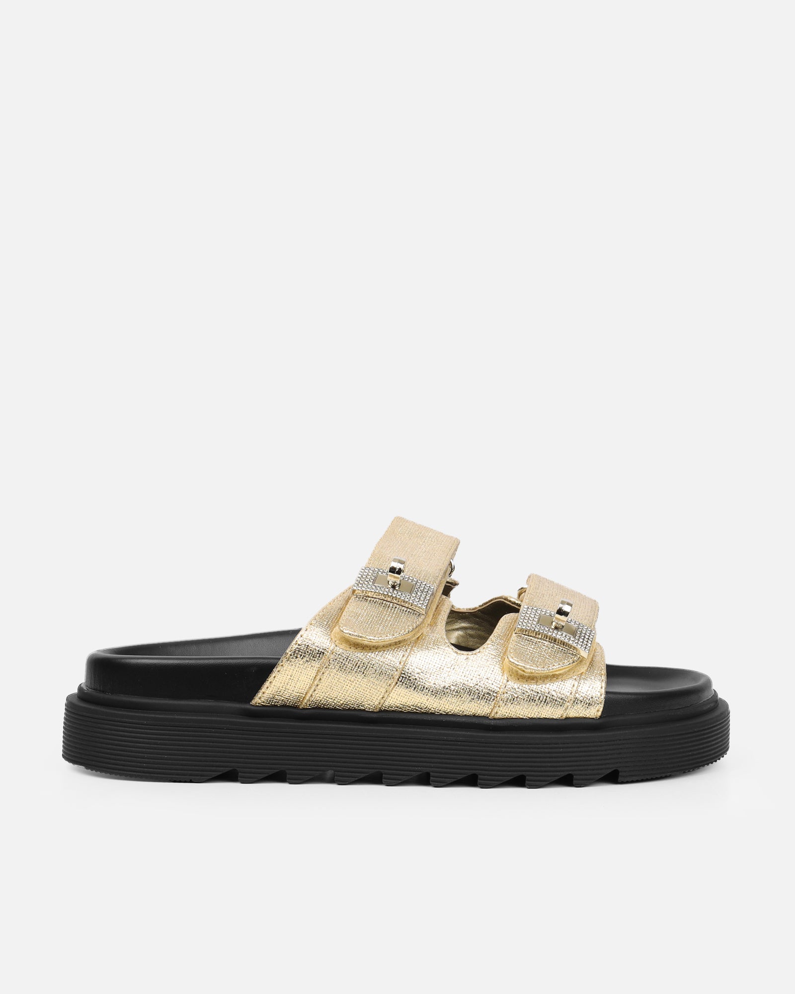 Liaa Gold Diamante Buckle Textured Slider Sandals | SIMMI London