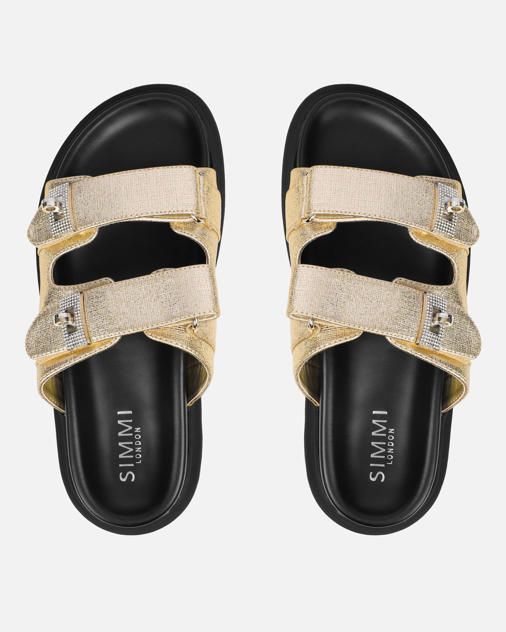 Liaa Gold Diamante Buckle Textured Slider Sandals | SIMMI London