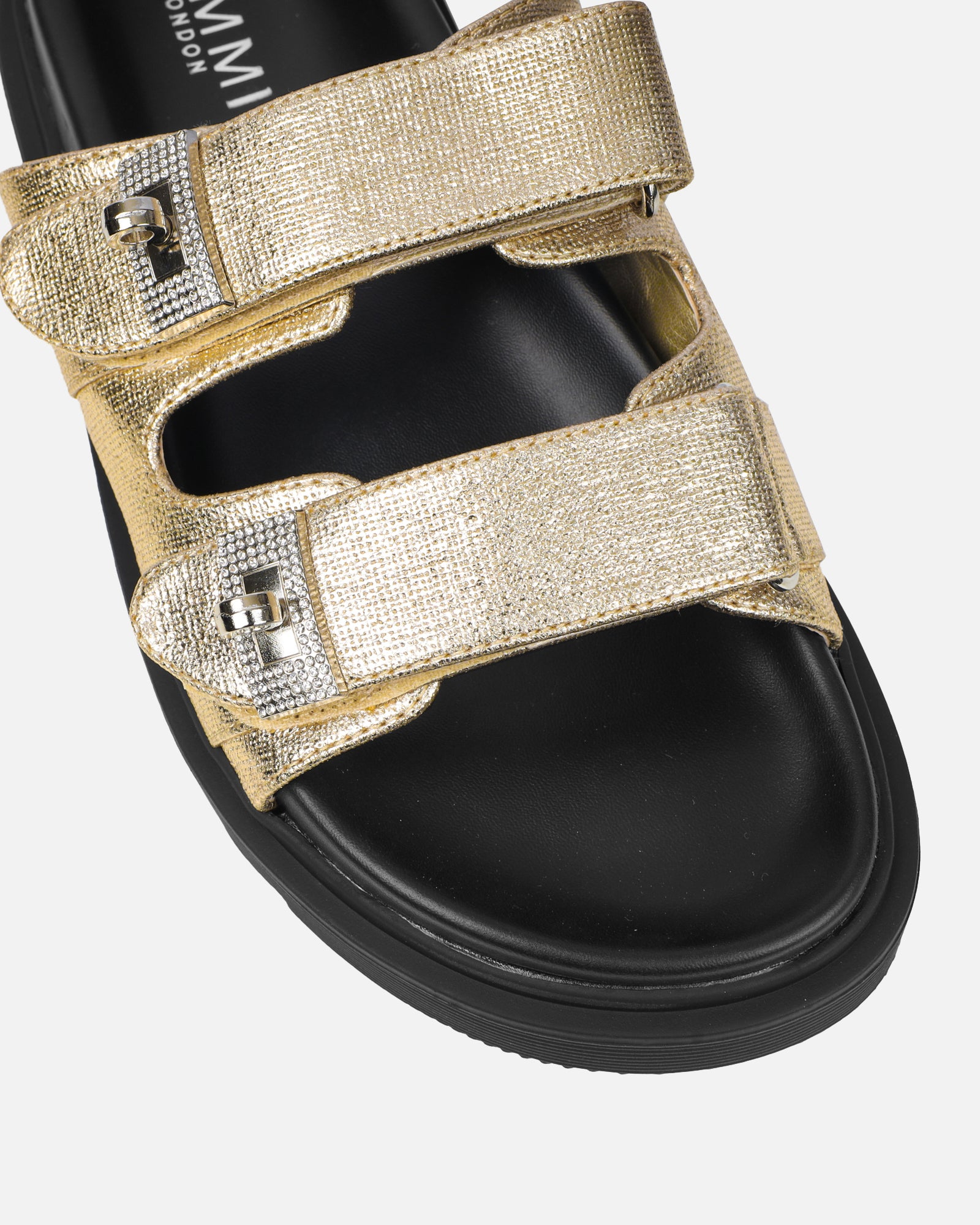 Liaa Gold Diamante Buckle Textured Slider Sandals | SIMMI London