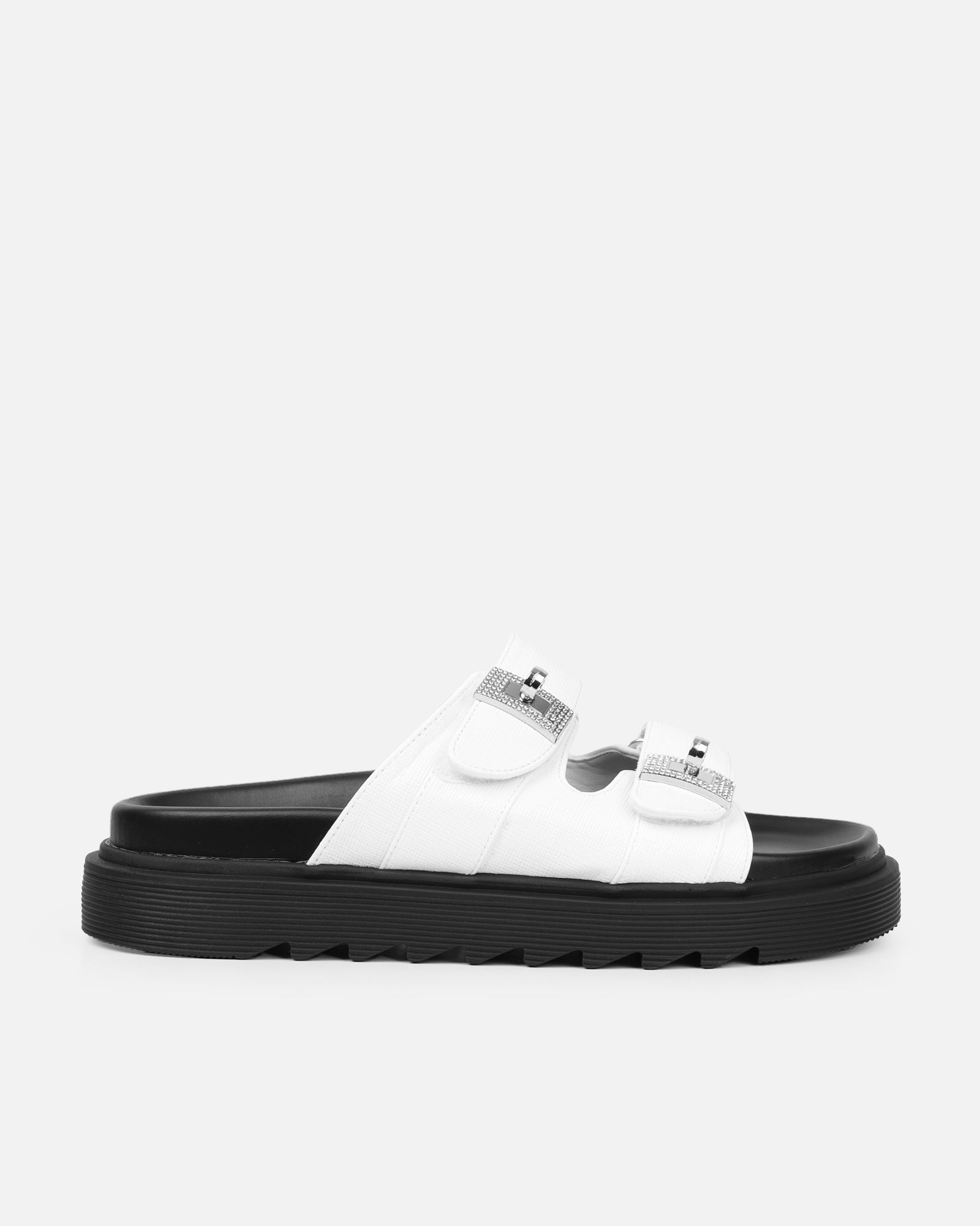 Liaa White Diamante Buckle Textured Slider Sandals | SIMMI London