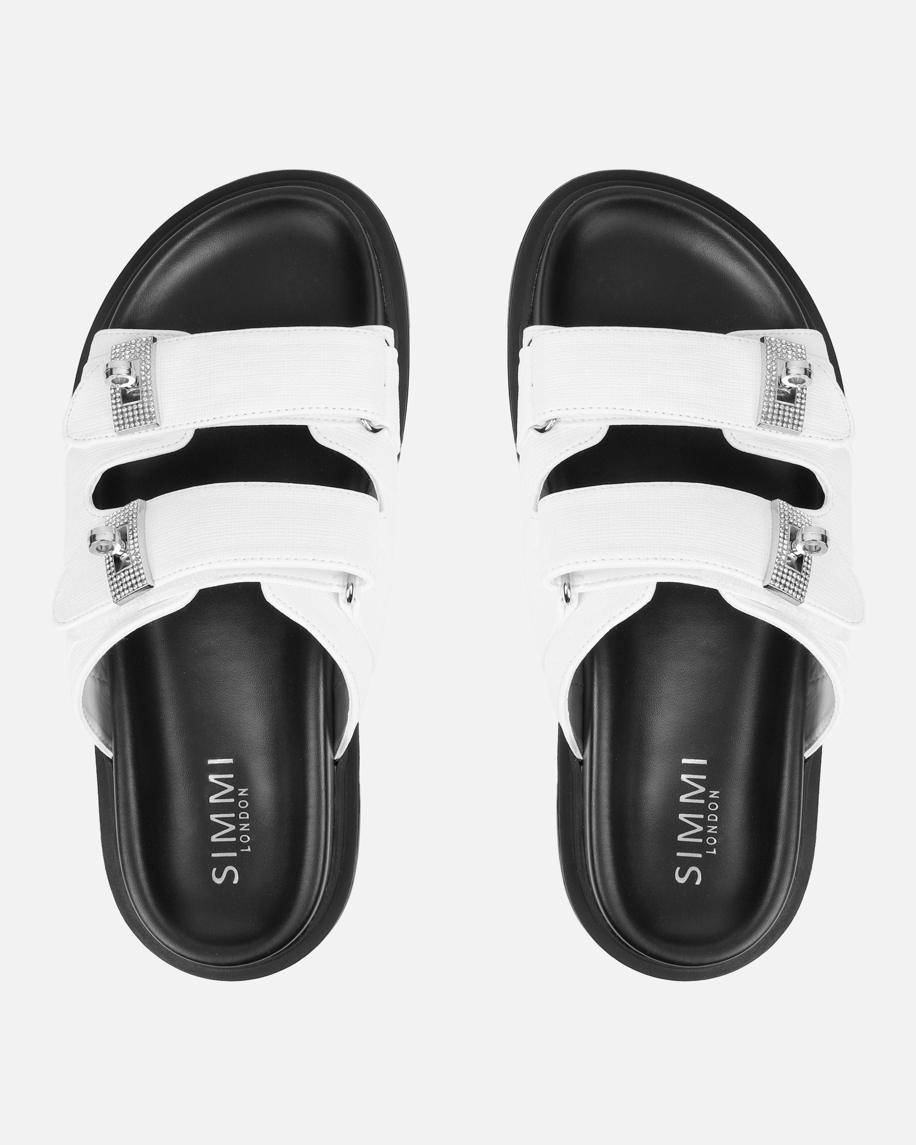 Liaa White Diamante Buckle Textured Slider Sandals | SIMMI London