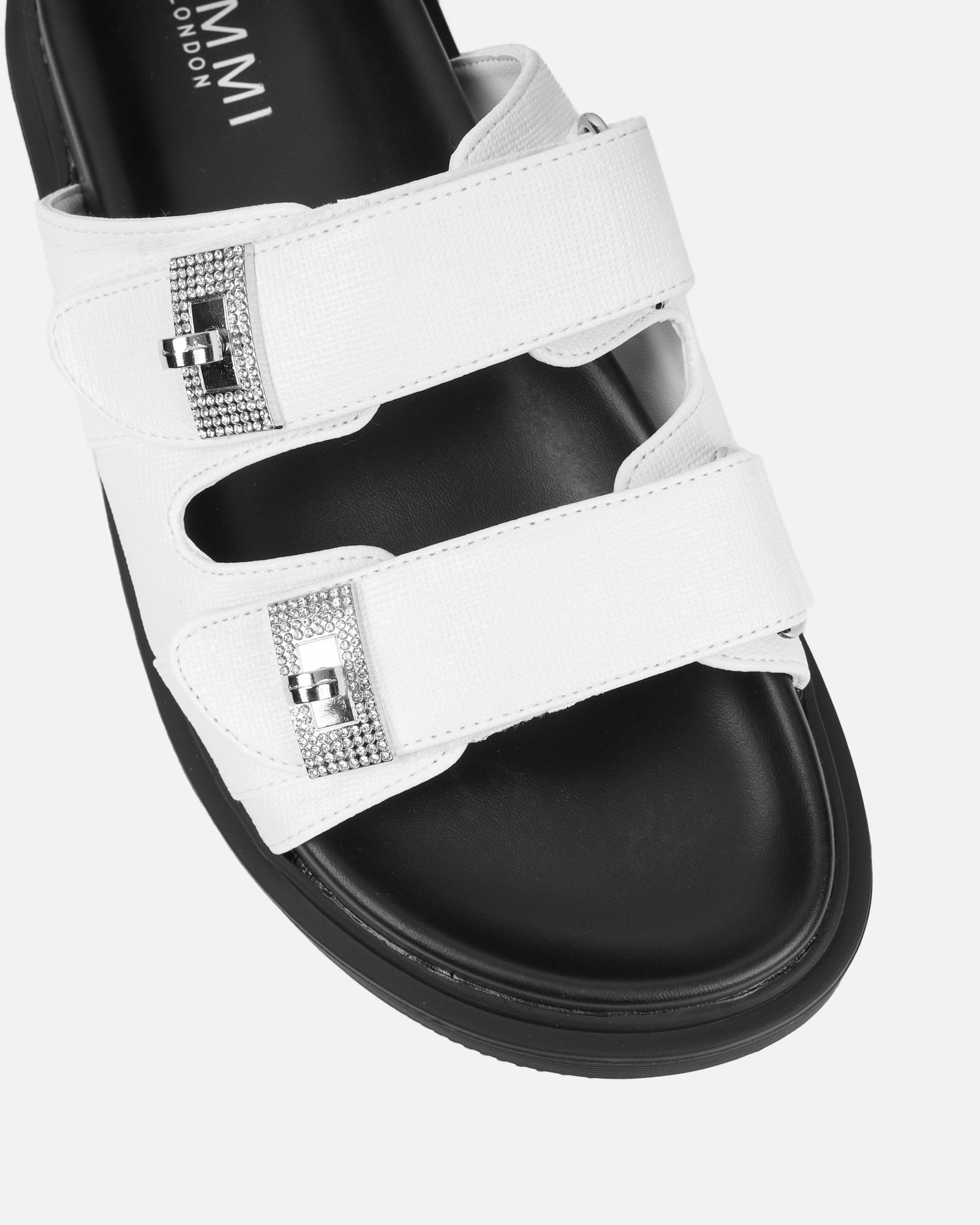 Liaa White Diamante Buckle Textured Slider Sandals | SIMMI London