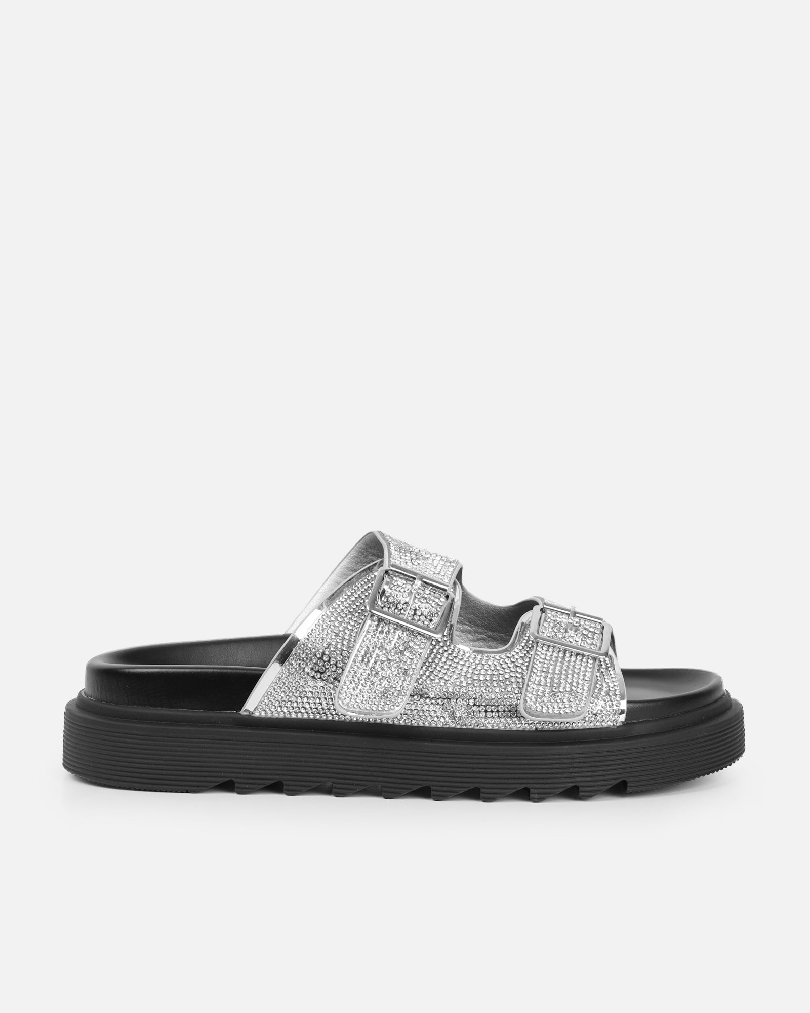 Lynn Silver Diamante Double Strap Slider Sandals | SIMMI London