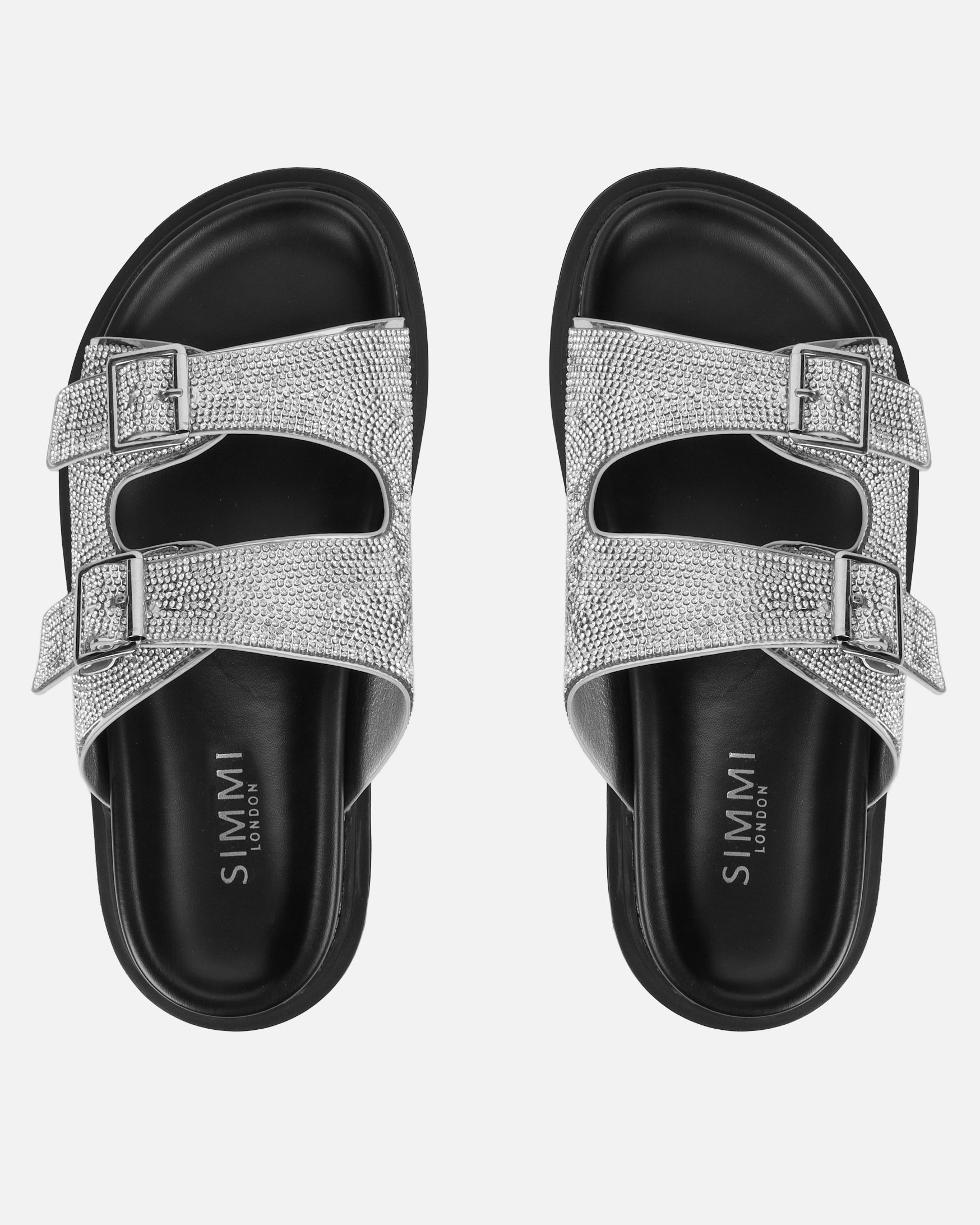 Lynn Silver Diamante Double Strap Slider Sandals | SIMMI London
