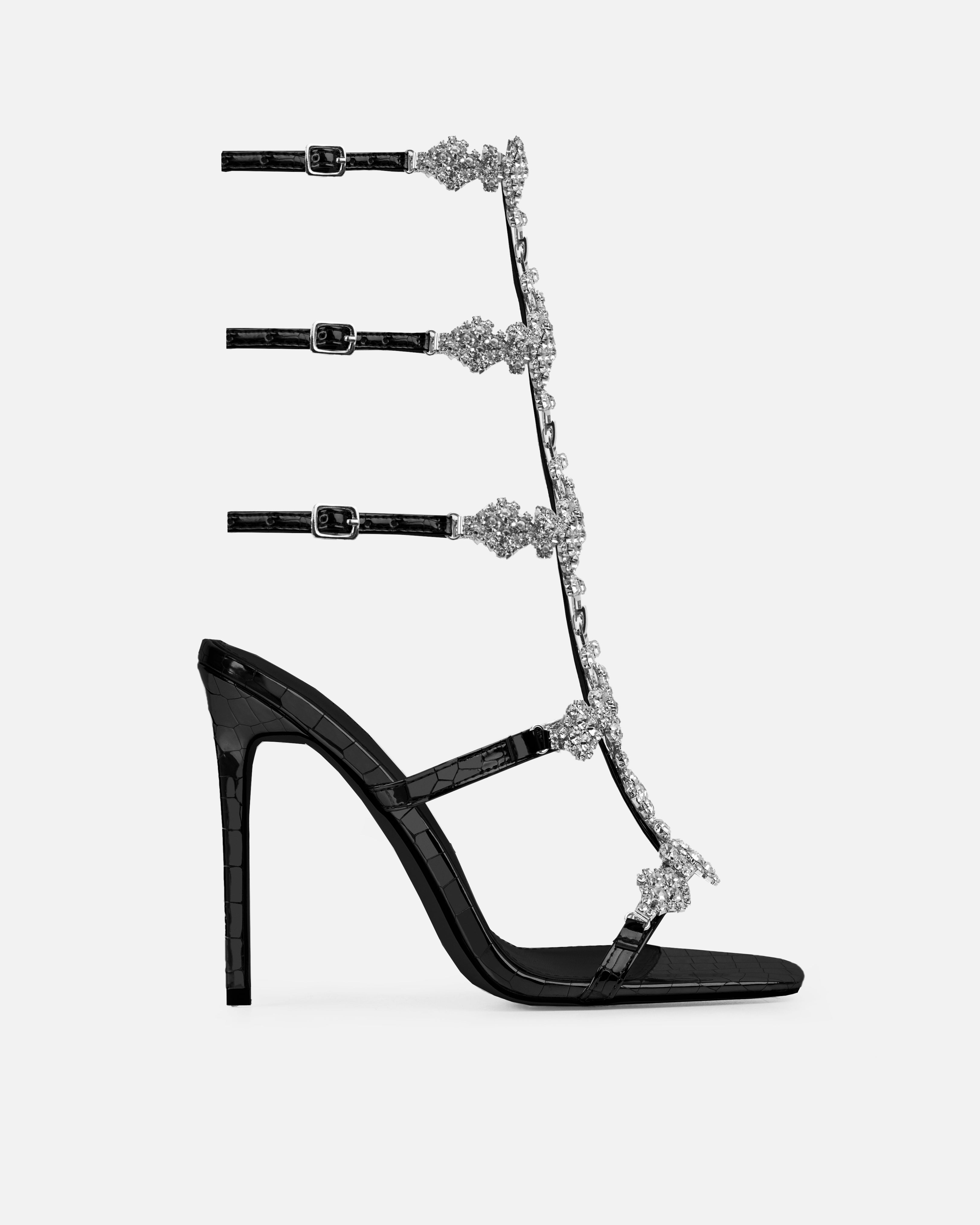 Lisabeau Black Patent Faux Croc Print Diamante Heels | SIMMI London