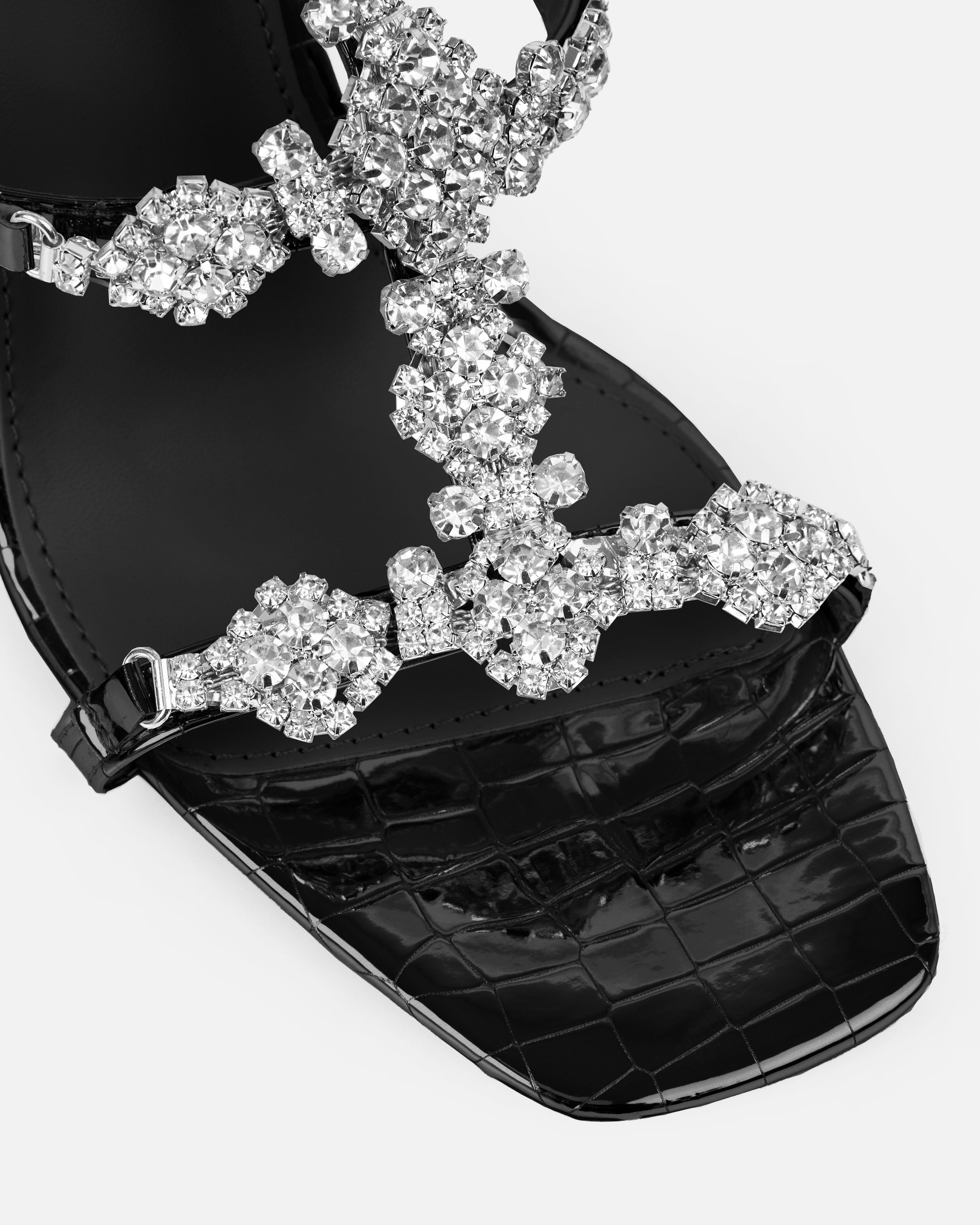 Lisabeau Black Patent Faux Croc Print Diamante Heels | SIMMI London