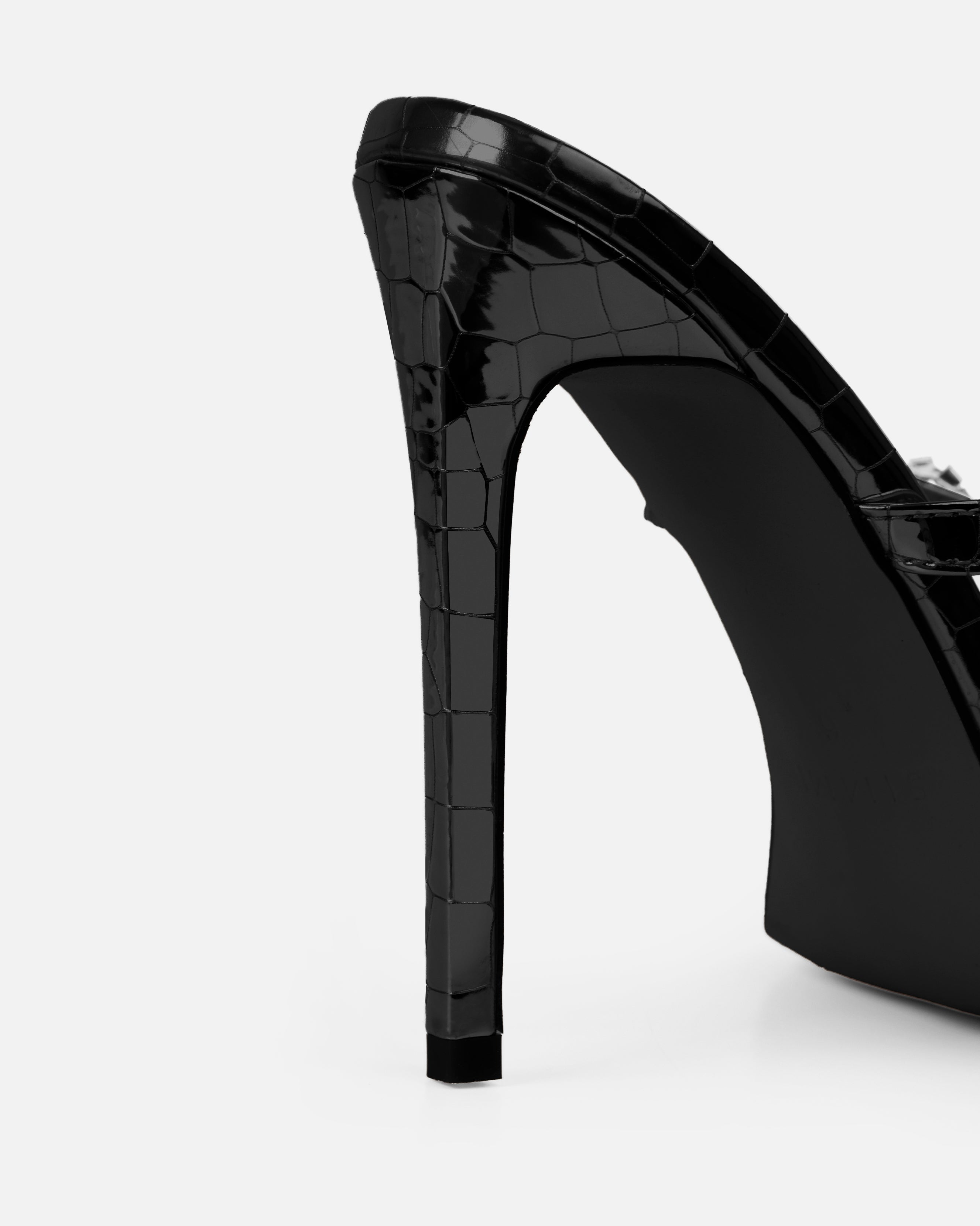 Lisabeau Black Patent Faux Croc Print Diamante Heels | SIMMI London
