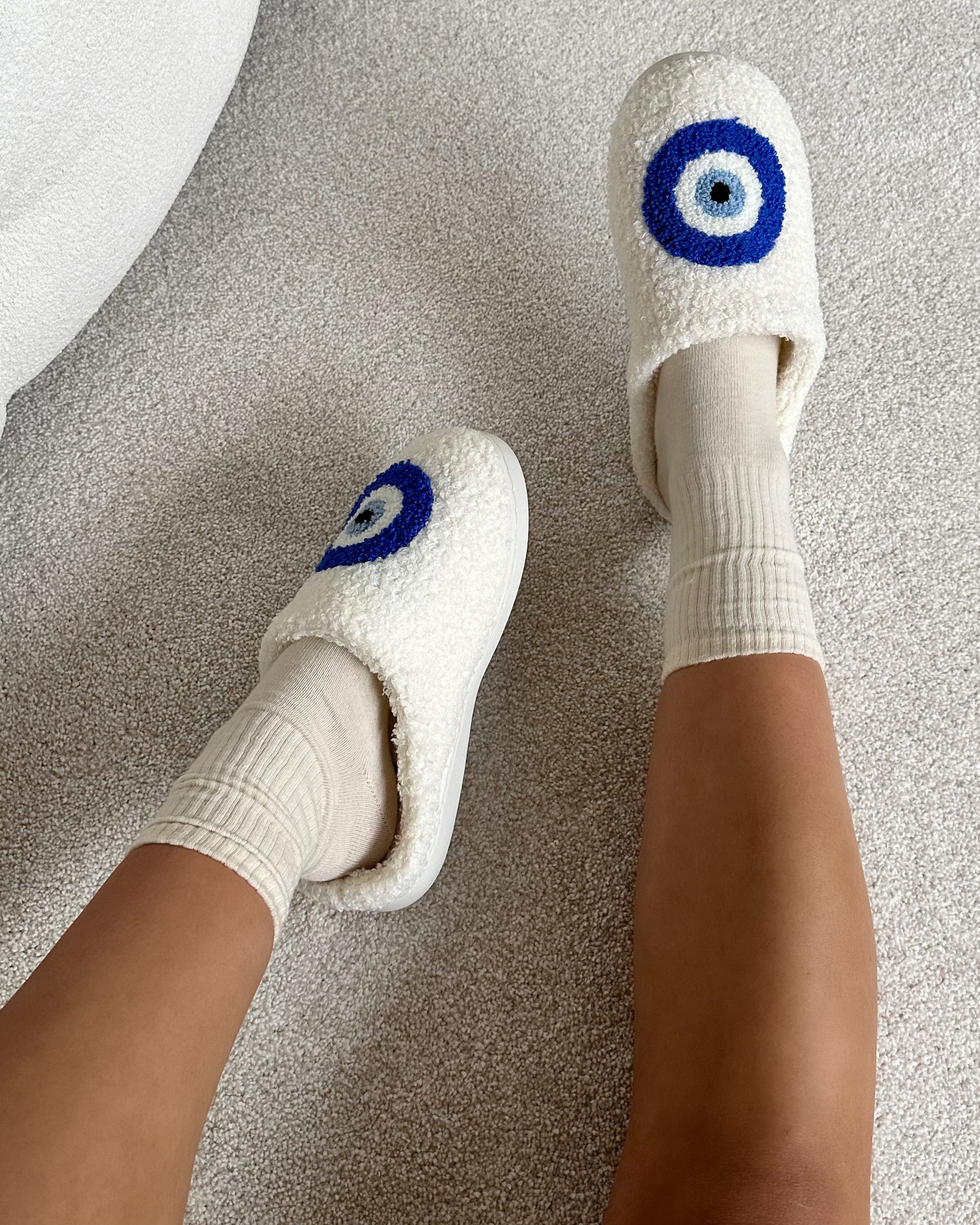 Lucky White Evil Eye Print Closed Toe Slippers | SIMMI London