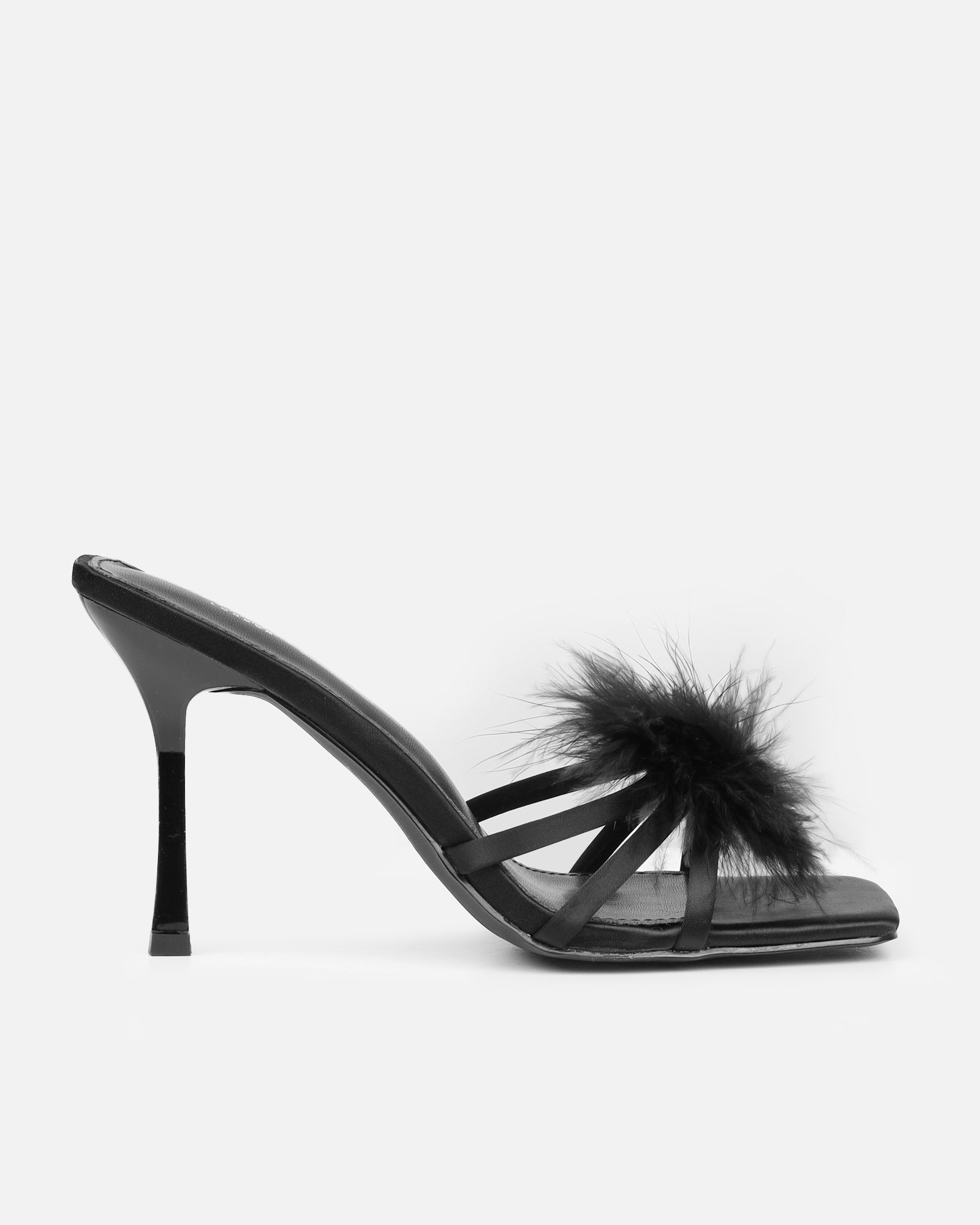 Macy Black Satin Fluffy Mules | SIMMI London