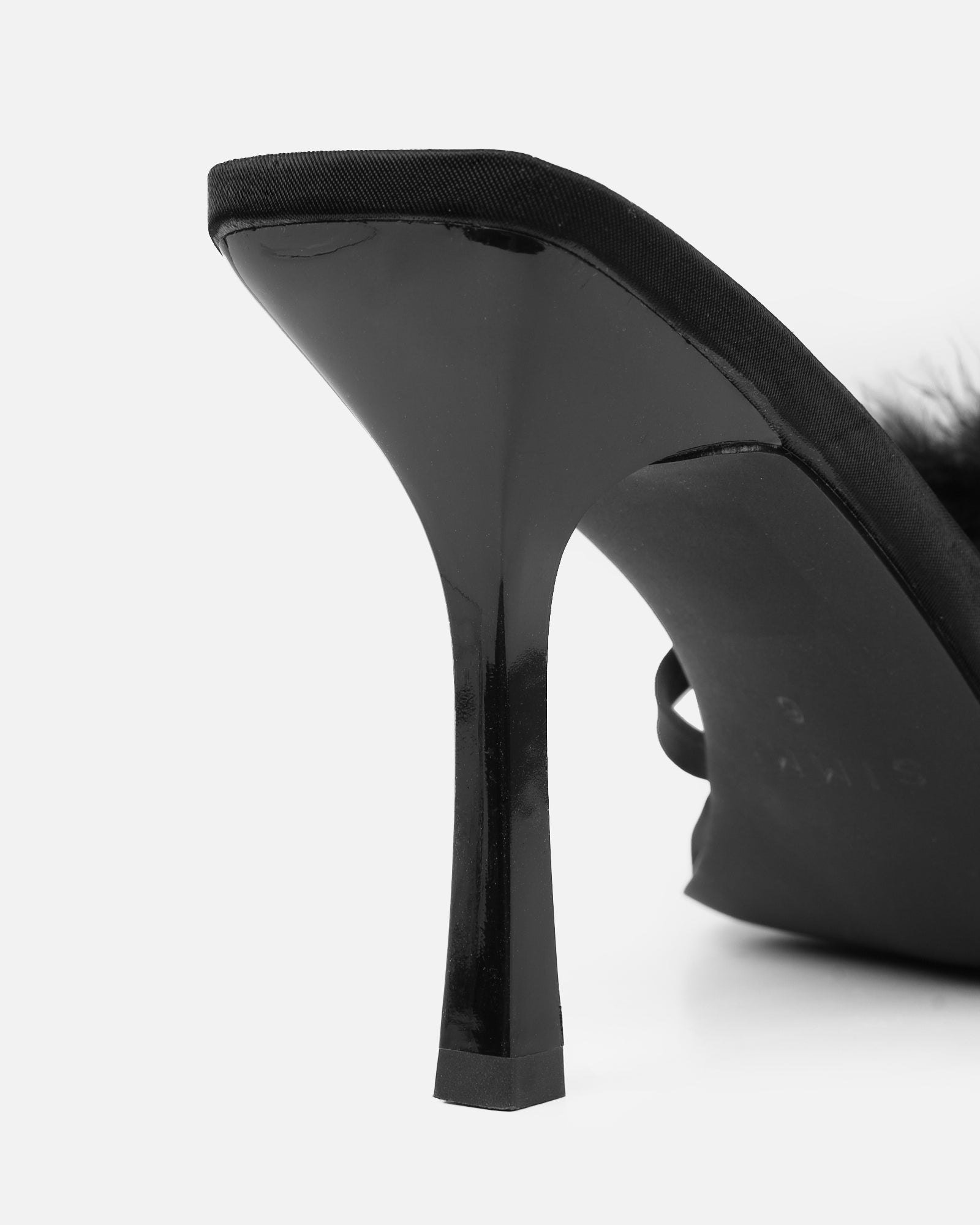 Macy Black Satin Fluffy Mules | SIMMI London