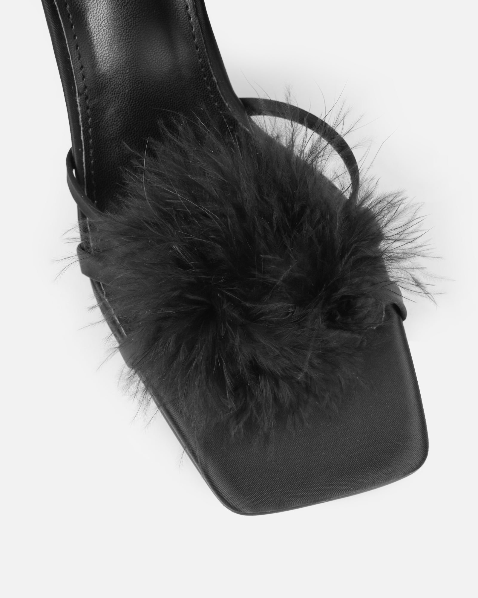 Macy Black Satin Fluffy Mules | SIMMI London
