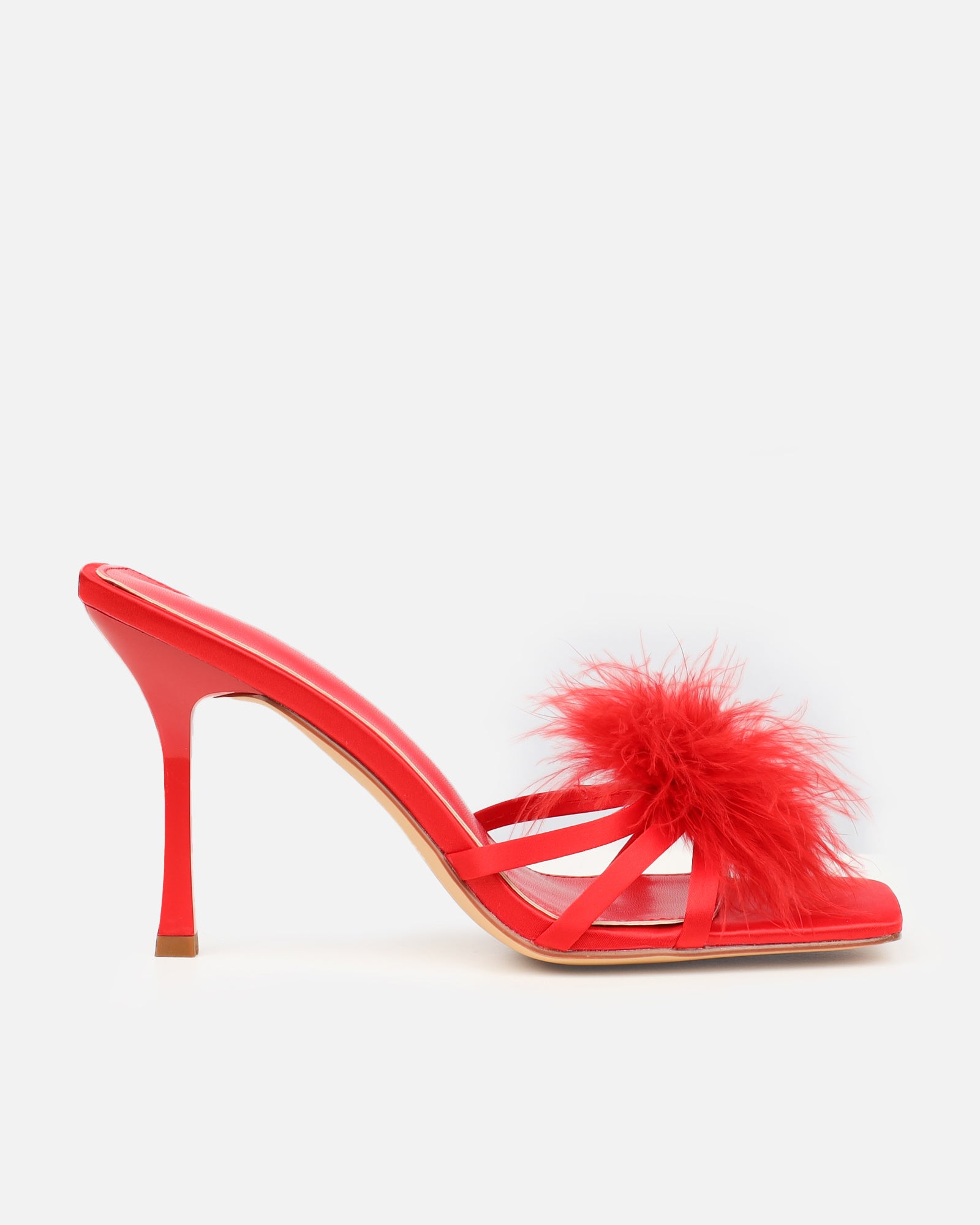 Macy Red Satin Fluffy Mules | SIMMI London