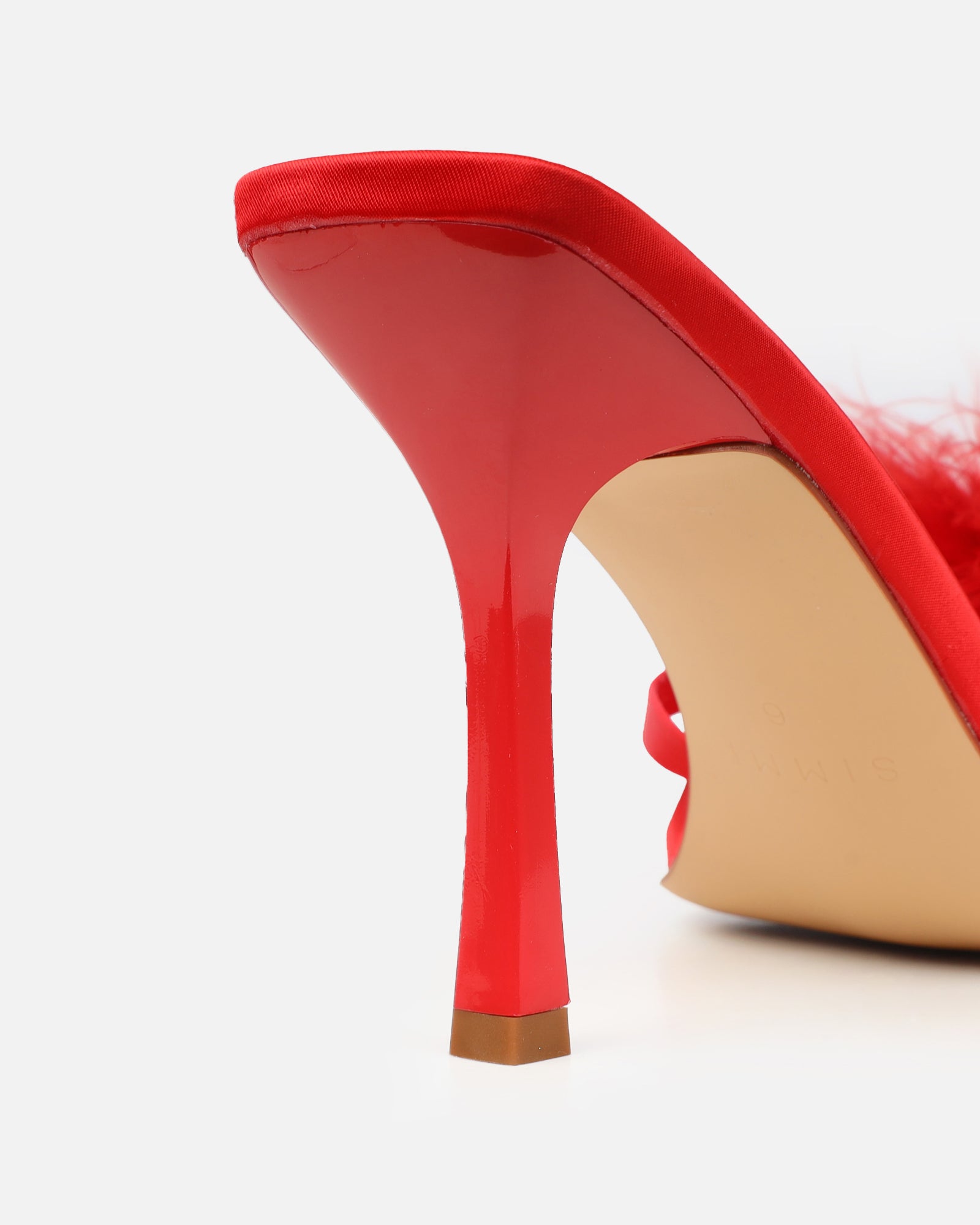 Macy Red Satin Fluffy Mules | SIMMI London