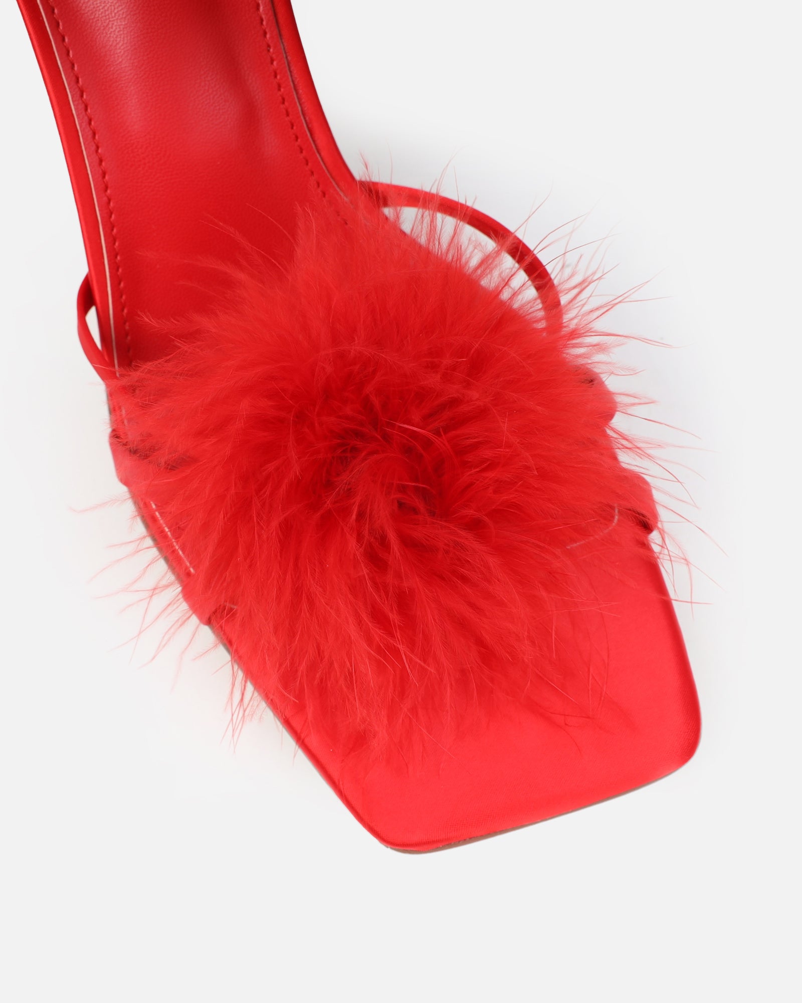 Macy Red Satin Fluffy Mules | SIMMI London