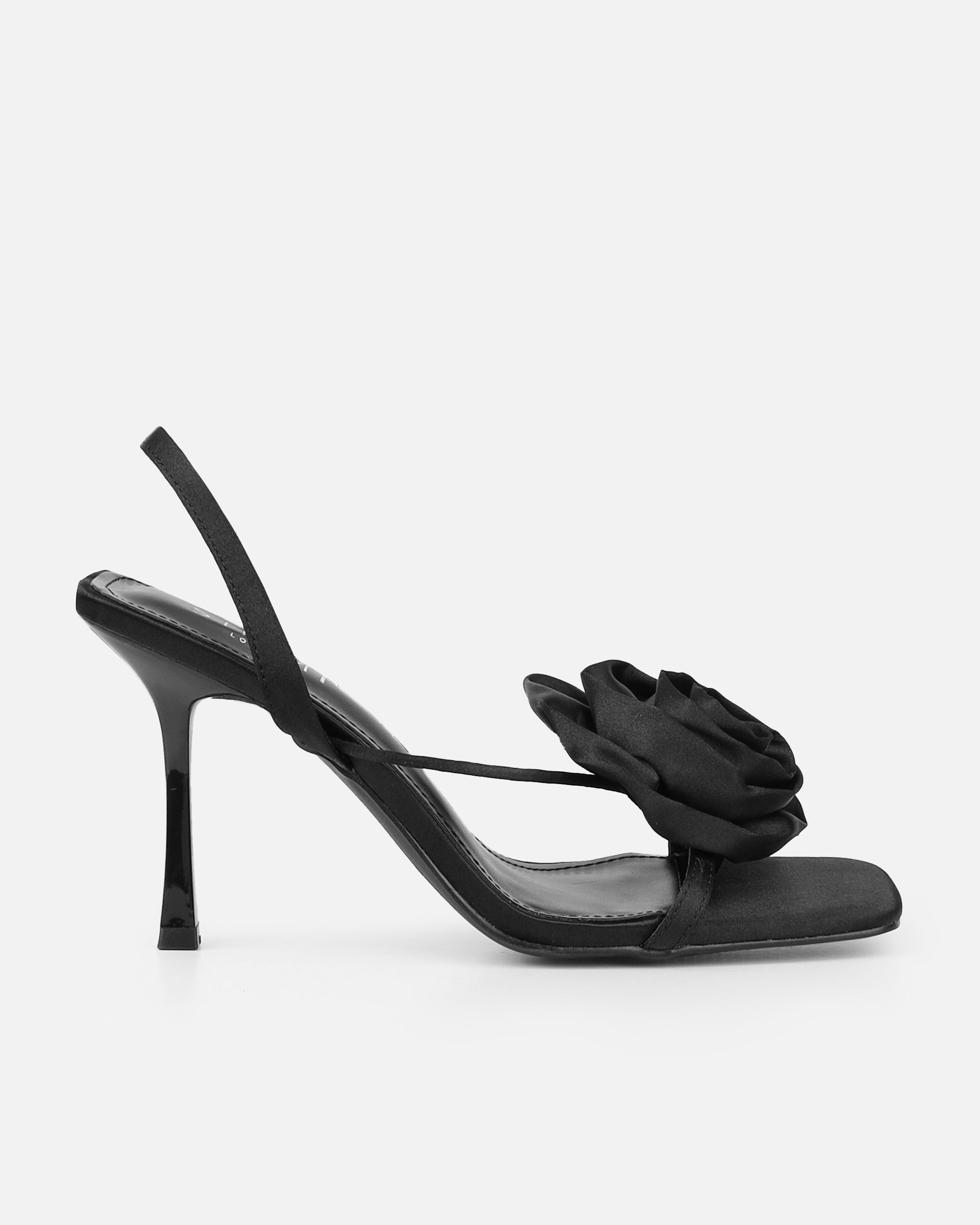 Quartz Black Satin Corsage Flower Heeled Sandals | SIMMI London