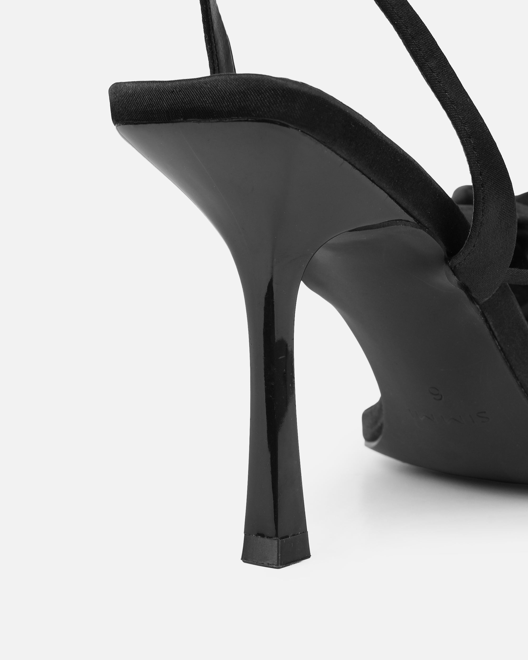 Quartz Black Satin Corsage Flower Heeled Sandals | SIMMI London