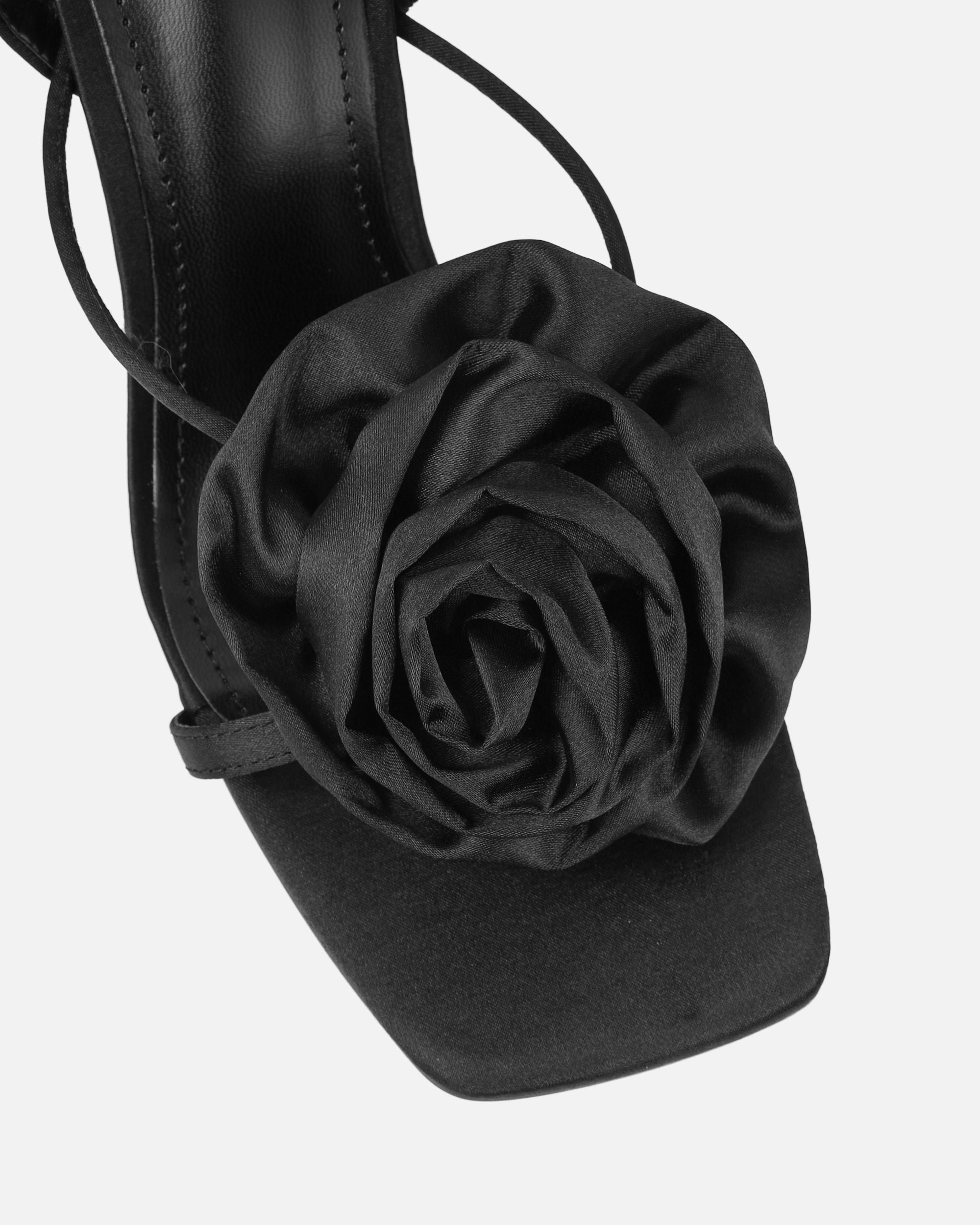 Quartz Black Satin Corsage Flower Heeled Sandals | SIMMI London