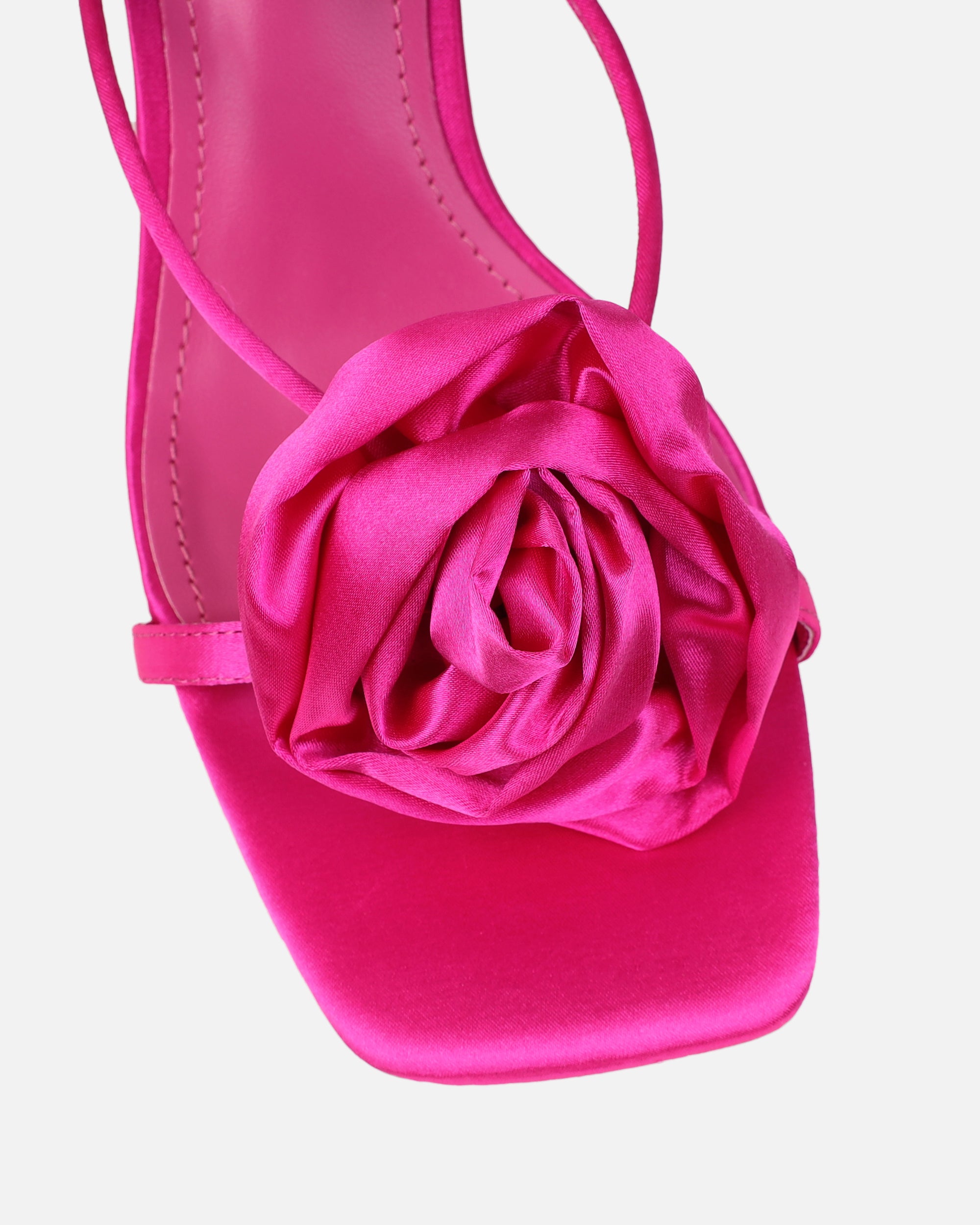 Quartz Fuchsia Satin Corsage Flower Heeled Sandals | SIMMI London