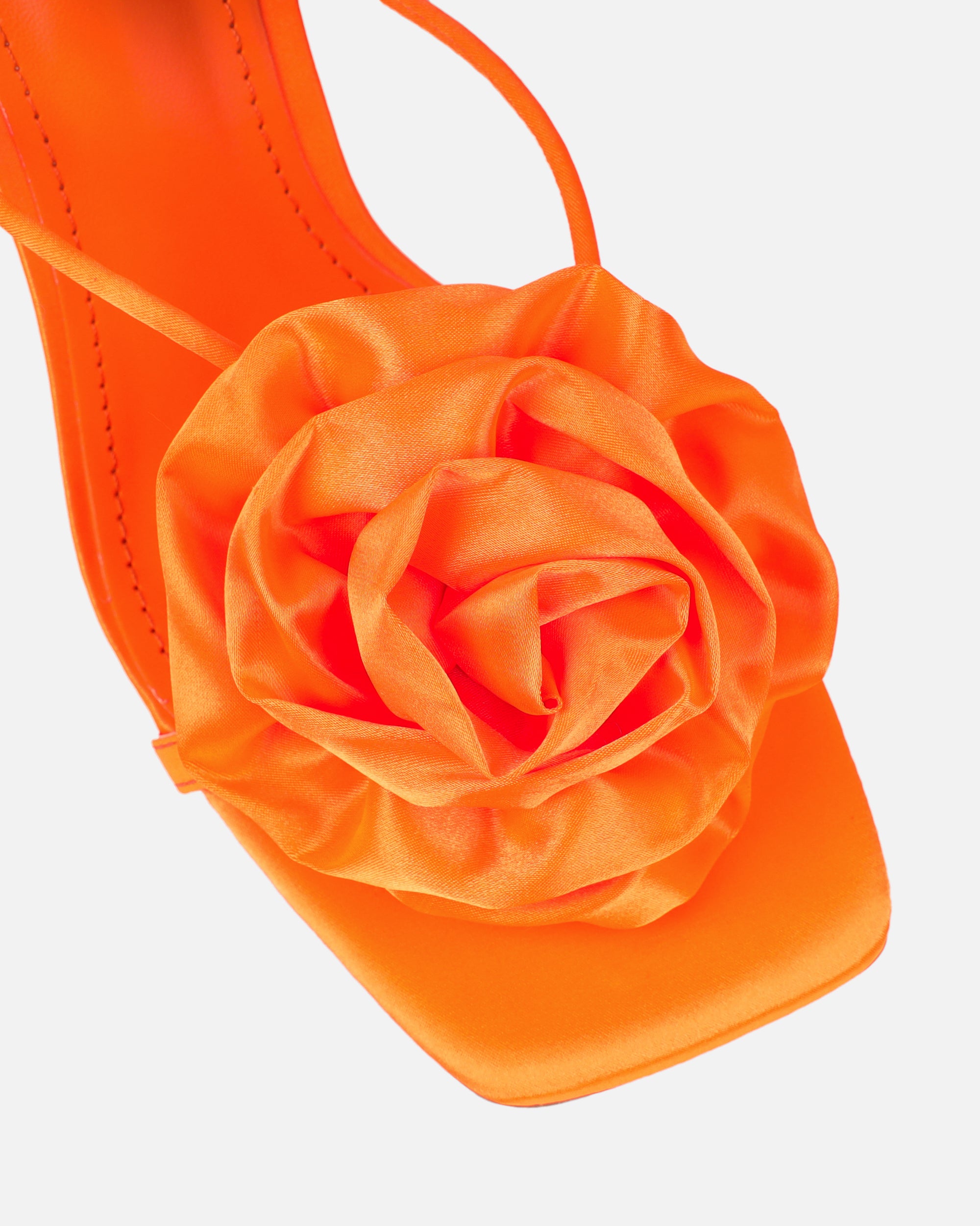 Quartz Orange Satin Corsage Flower Heeled Sandals | SIMMI London