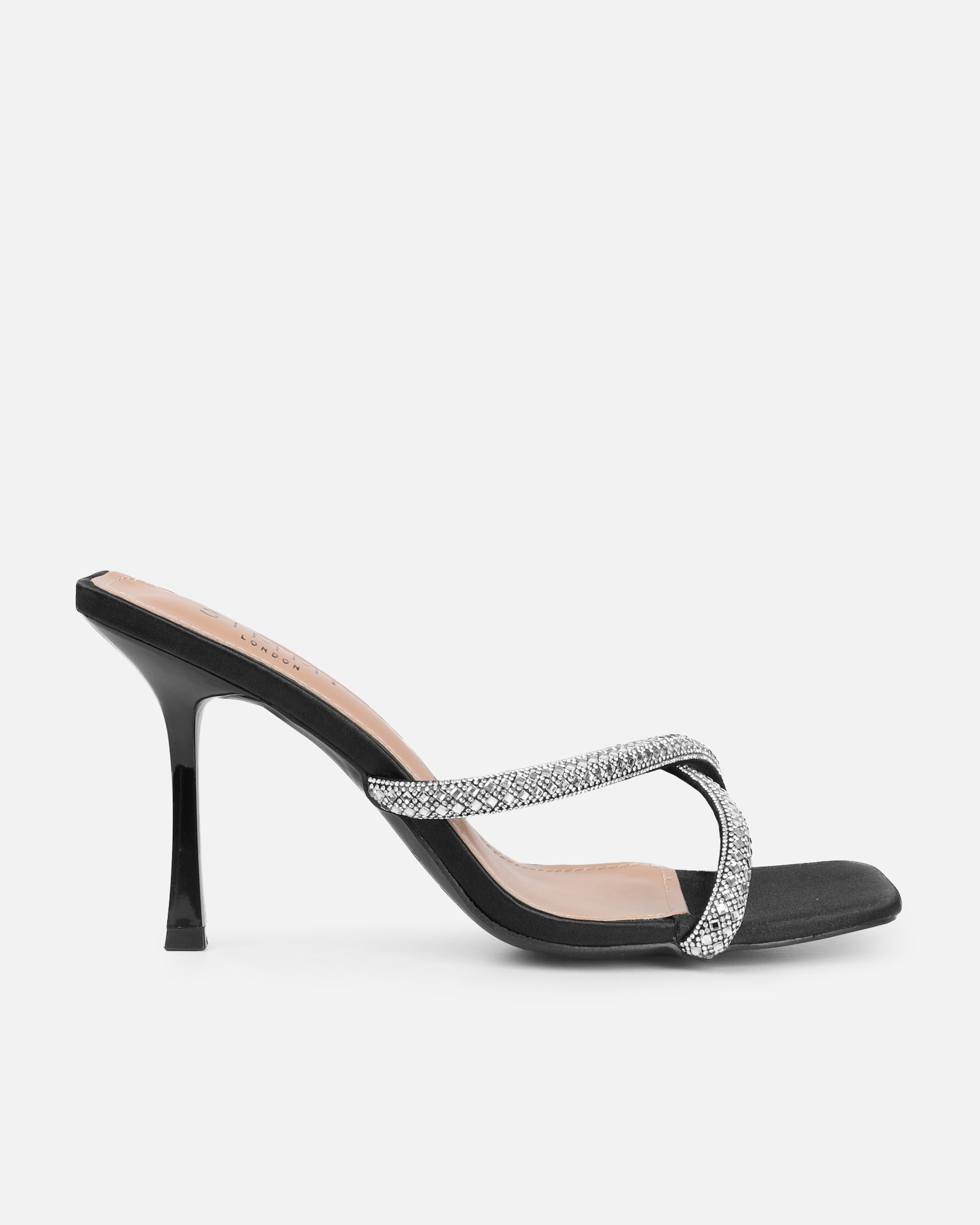 Aubriella Black Satin Diamante Mule Heeled Sandals | SIMMI London