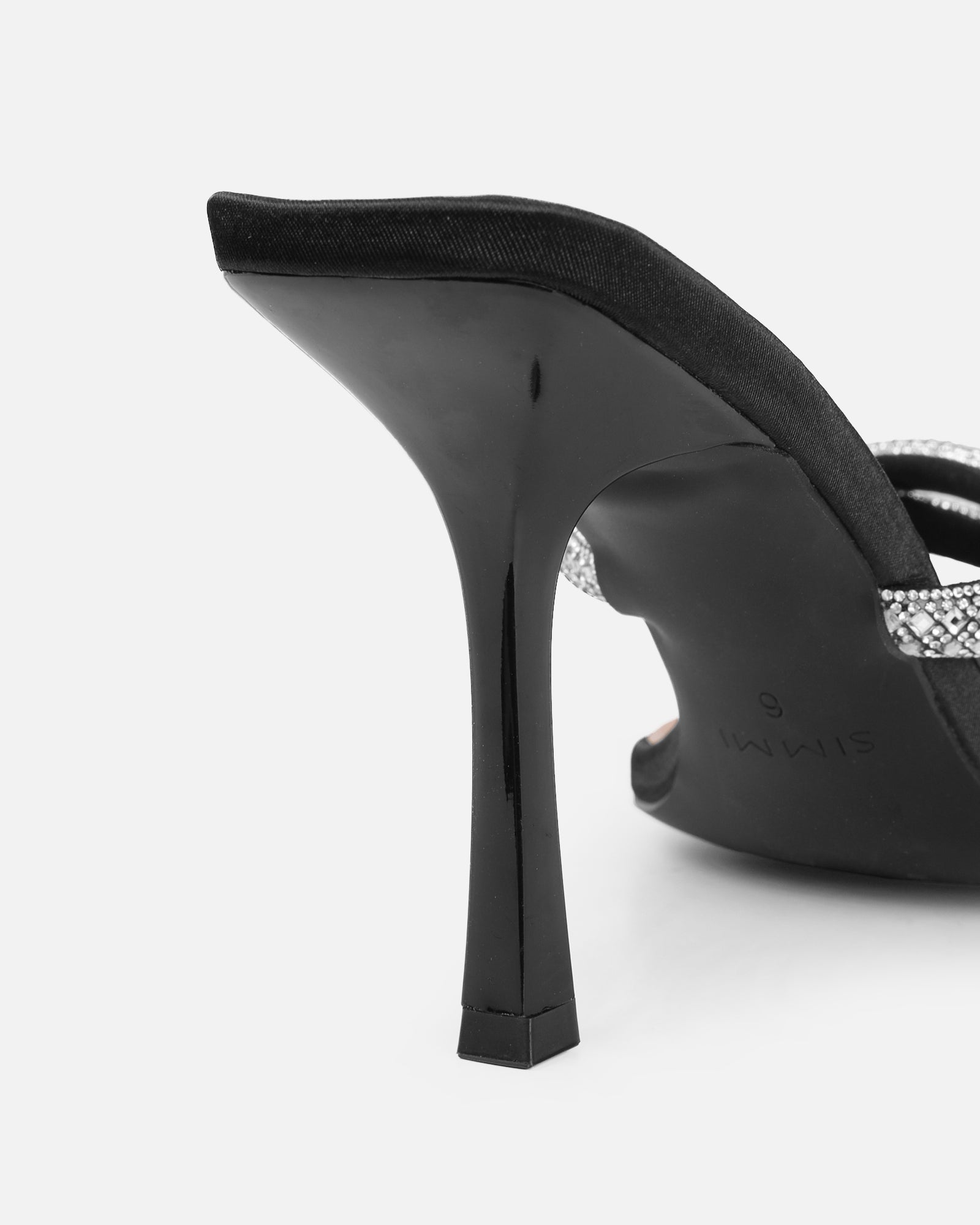 Aubriella Black Satin Diamante Mule Heeled Sandals | SIMMI London