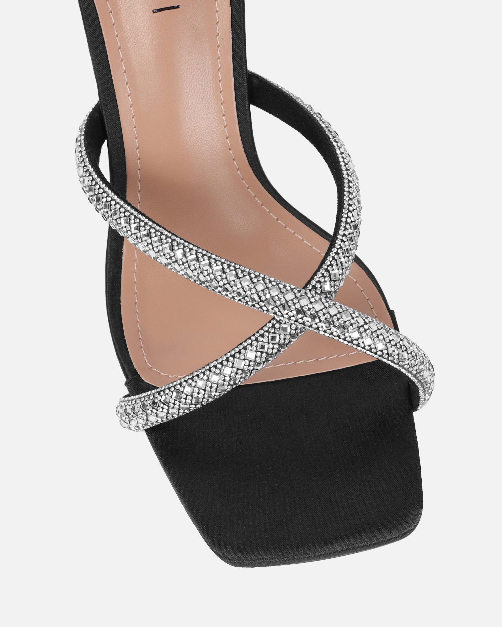 Aubriella Black Satin Diamante Mule Heeled Sandals | SIMMI London