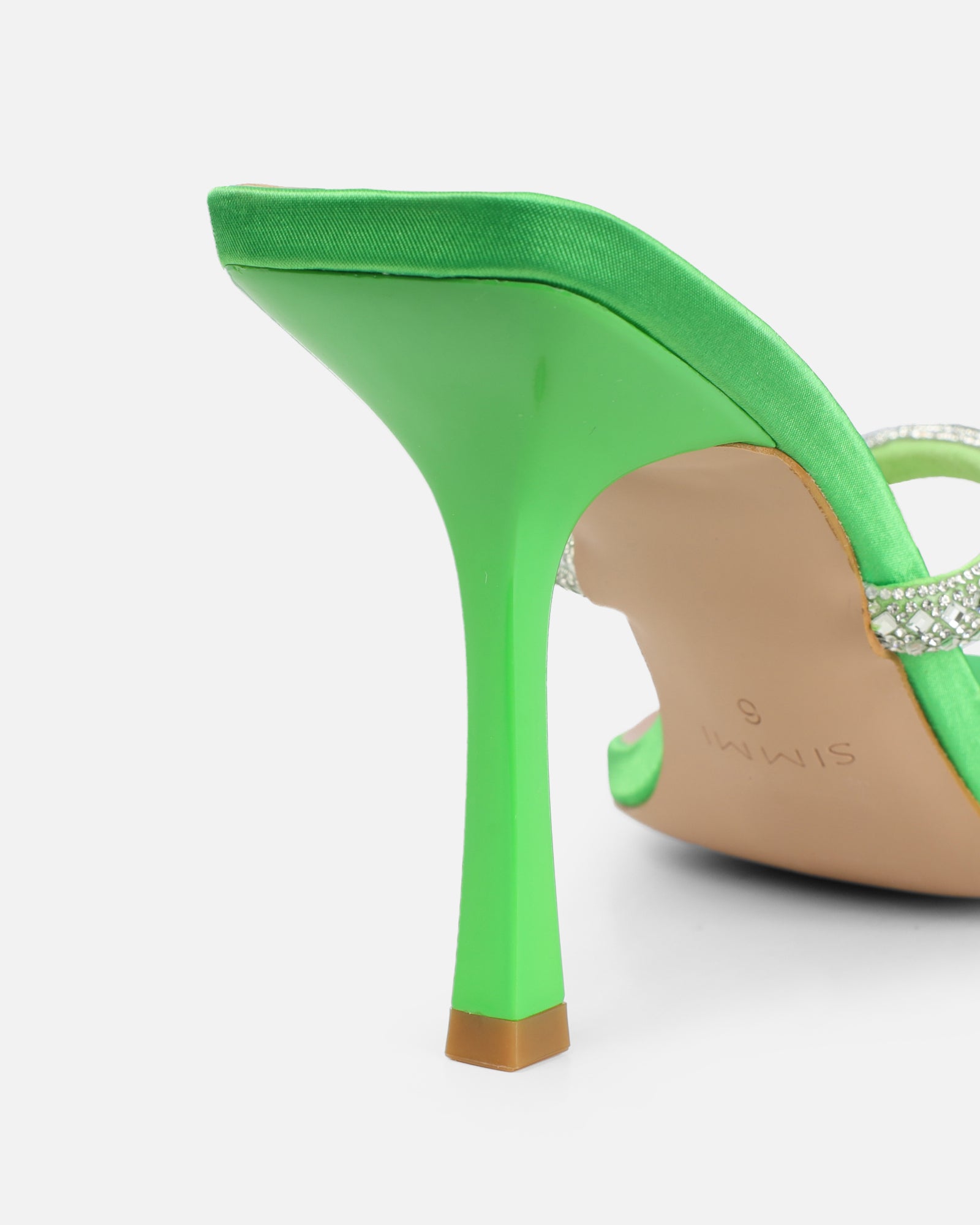 Aubriella Green Satin Diamante Mule Heeled Sandals | SIMMI London
