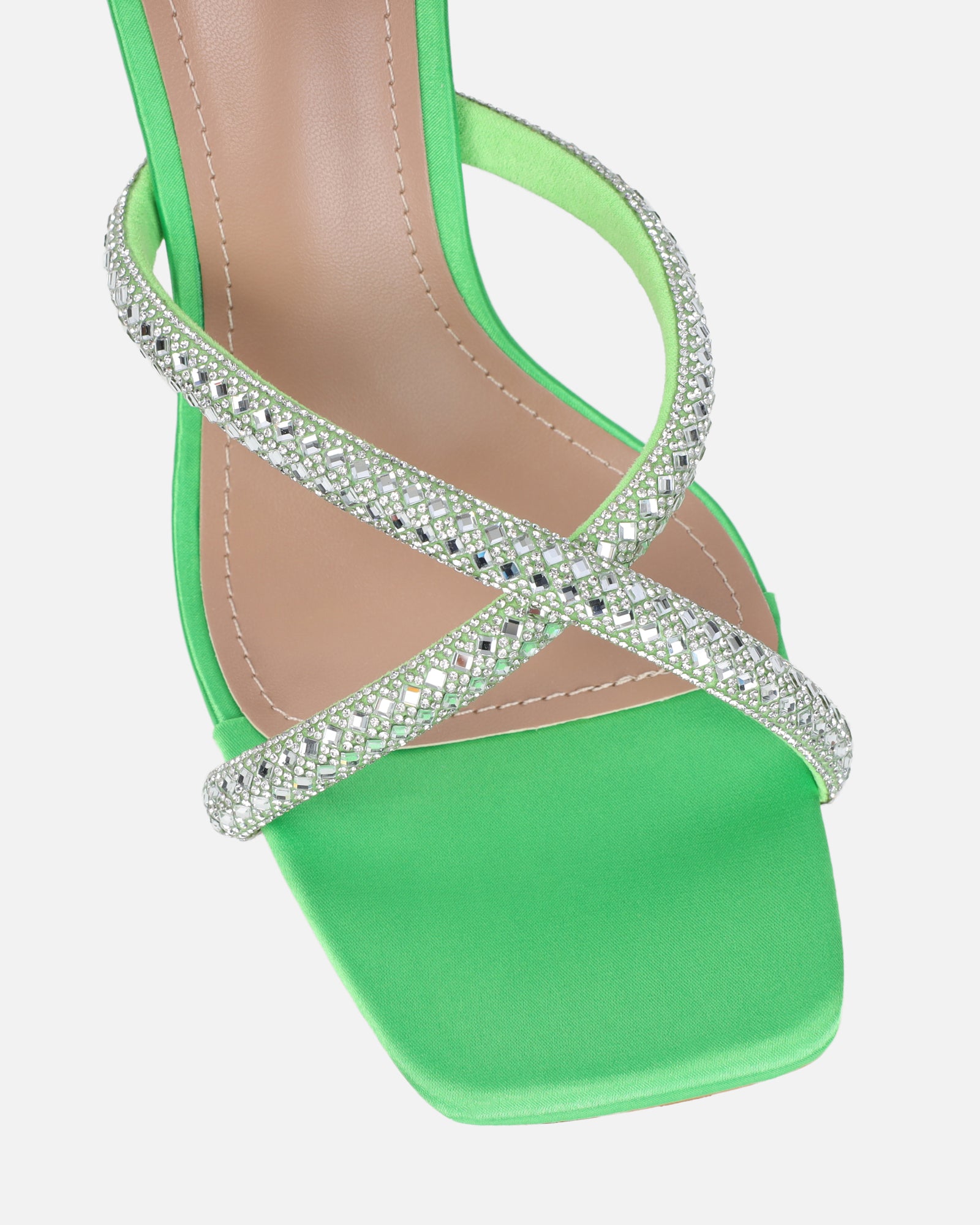 Aubriella Green Satin Diamante Mule Heeled Sandals | SIMMI London